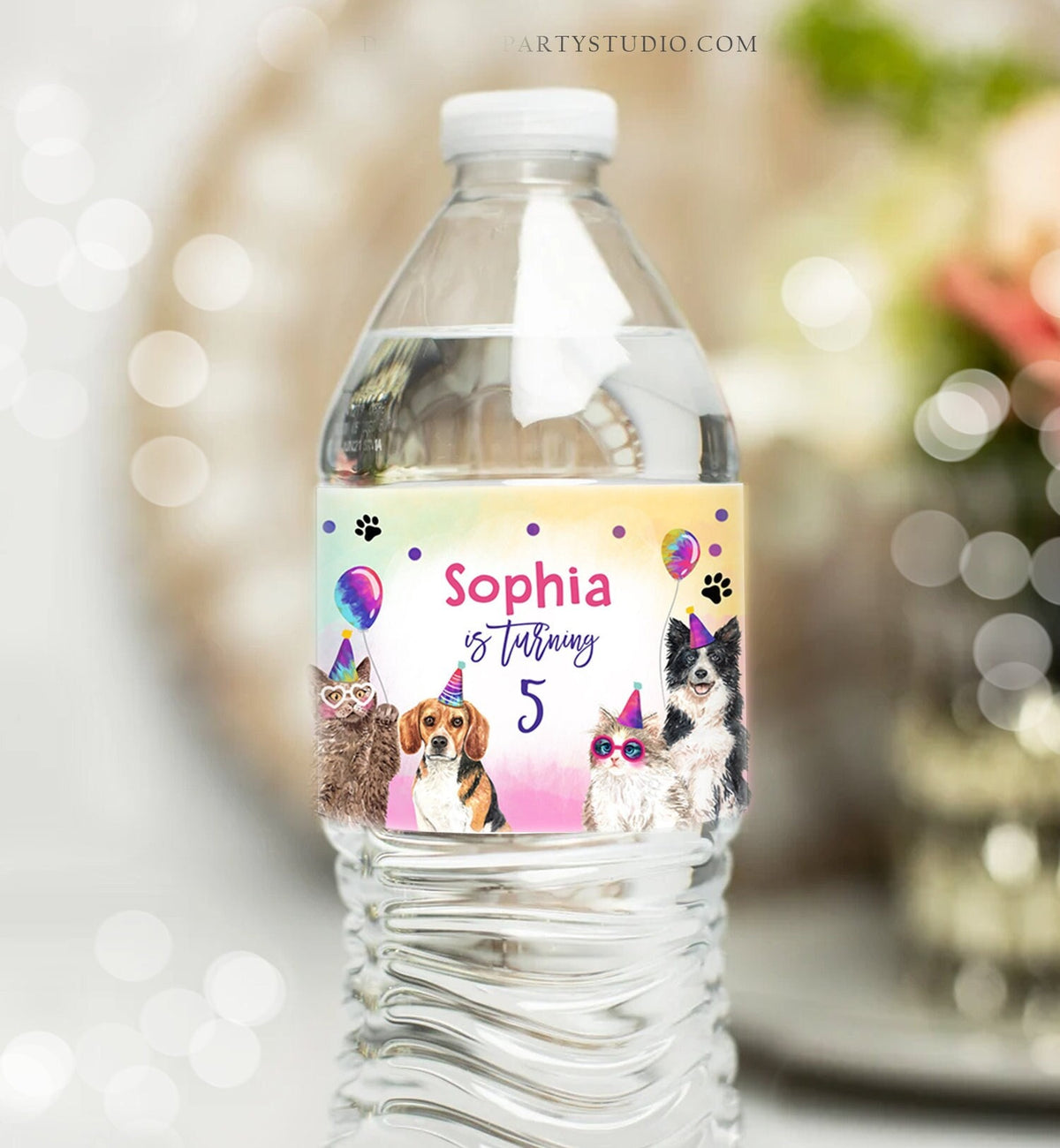 Editable Cats and Dogs Water Bottle Labels Dog Birthday Puppy Party Kitten Pet Cat Birthday Decor Printable Bottle Wrap Template Corjl 0460