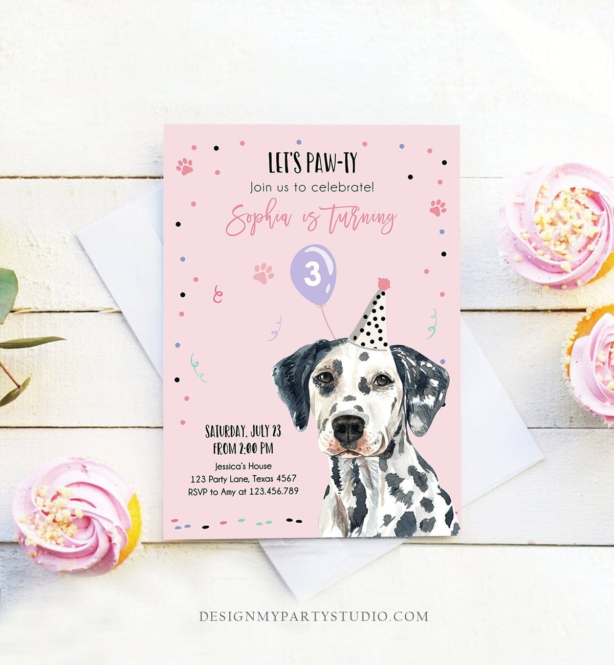 Editable Dog Birthday Party Invitation Dalmatian Birthday Invite Pink Girl Come Sit Stay Party Animal Download Printable Template Corjl 0384