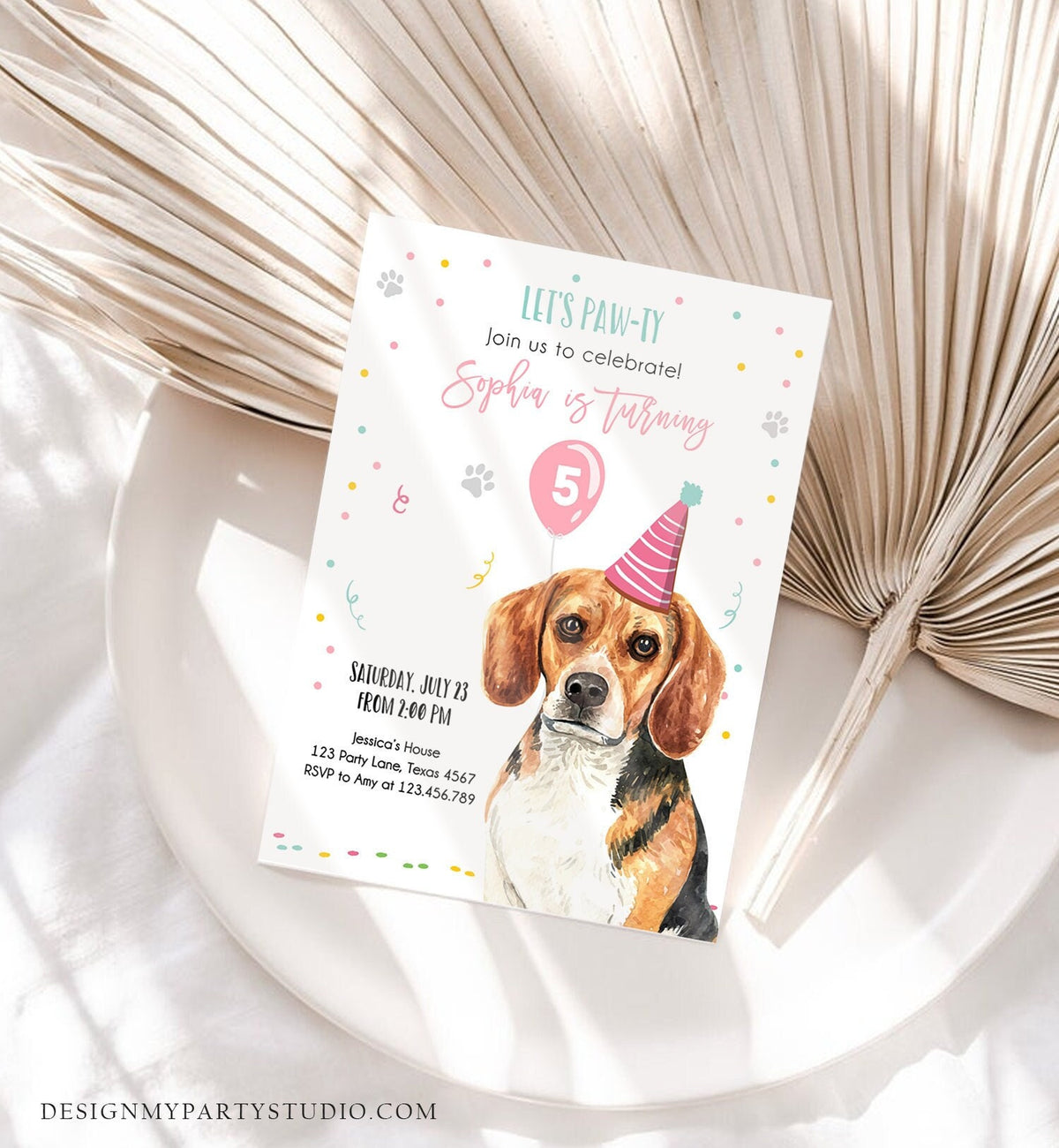 Editable Dog Birthday Party Invitation Beagle Birthday Invite Pink Girl Come Sit Stay Party Animal Download Printable Template Corjl 0384