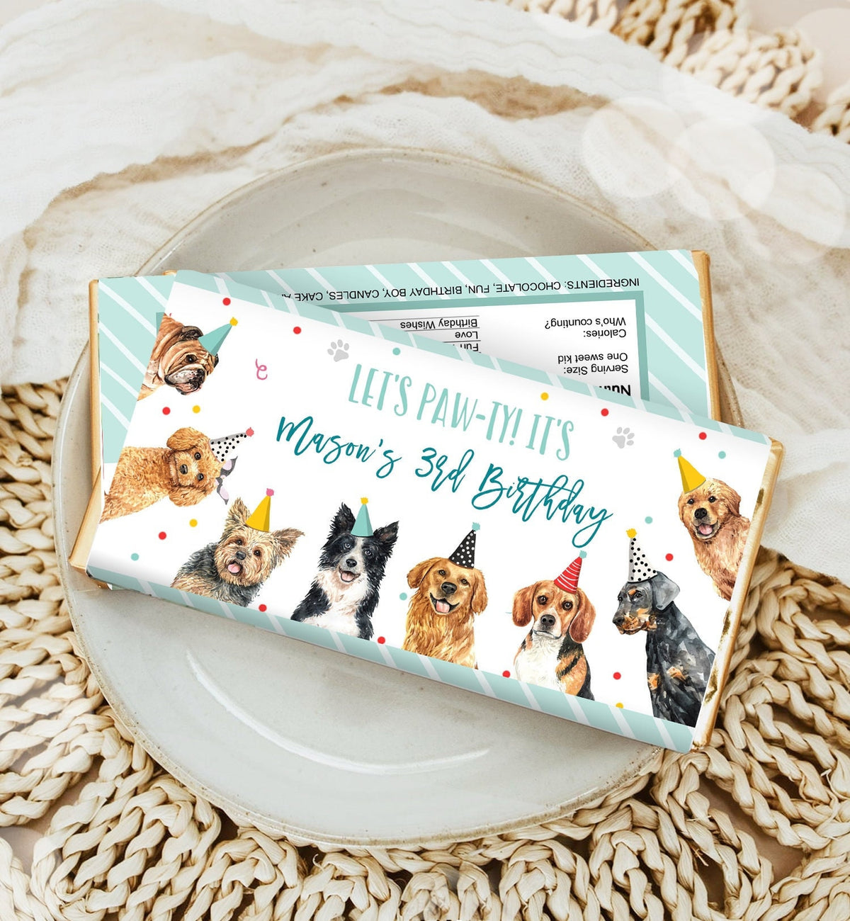 Editable Dog Candy Bar Wrapper Dog Birthday Party Chocolate Label Puppy Pet Boy Puppy Party Pawty Digital Download Template Printable 0384