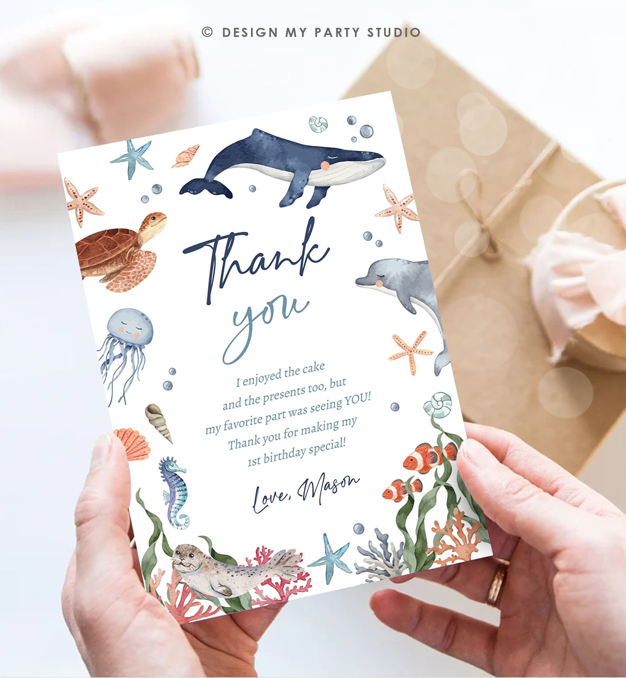 Editable Under the Sea Thank You Card Sea Ocean Animals Life Birthday Thank You Note Whale Turtle Dolphin Corjl Template Printable 0504