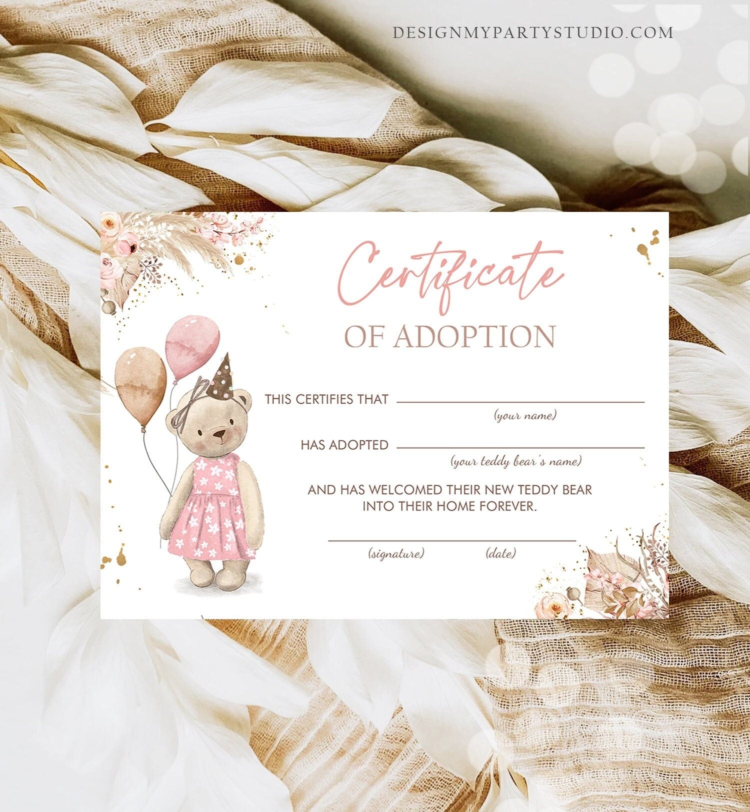 Teddy Bear Adoption Certificate Teddy Bear Birthday Boho Teddy Bear Picnic Girl Pink Adopt a Teddy Favors Download Digital PRINTABLE 0421