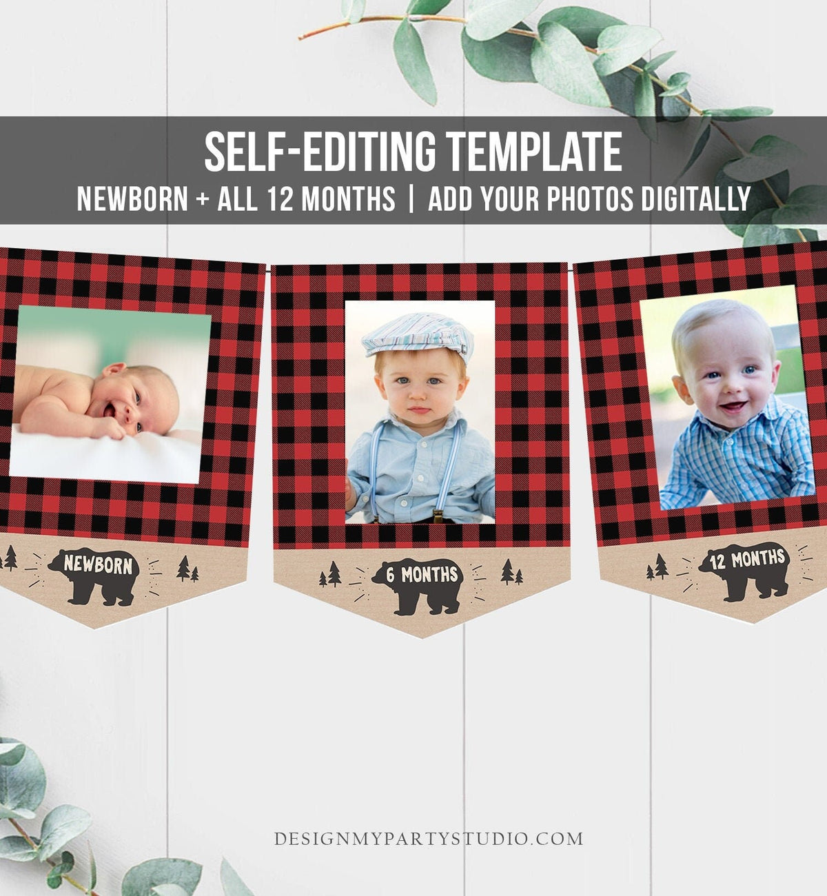 Editable Lumberjack First Birthday Banner Monthly Photo Banner Bear Buffalo Plaid Party Decor Digital Download Corjl Template Printable 0026