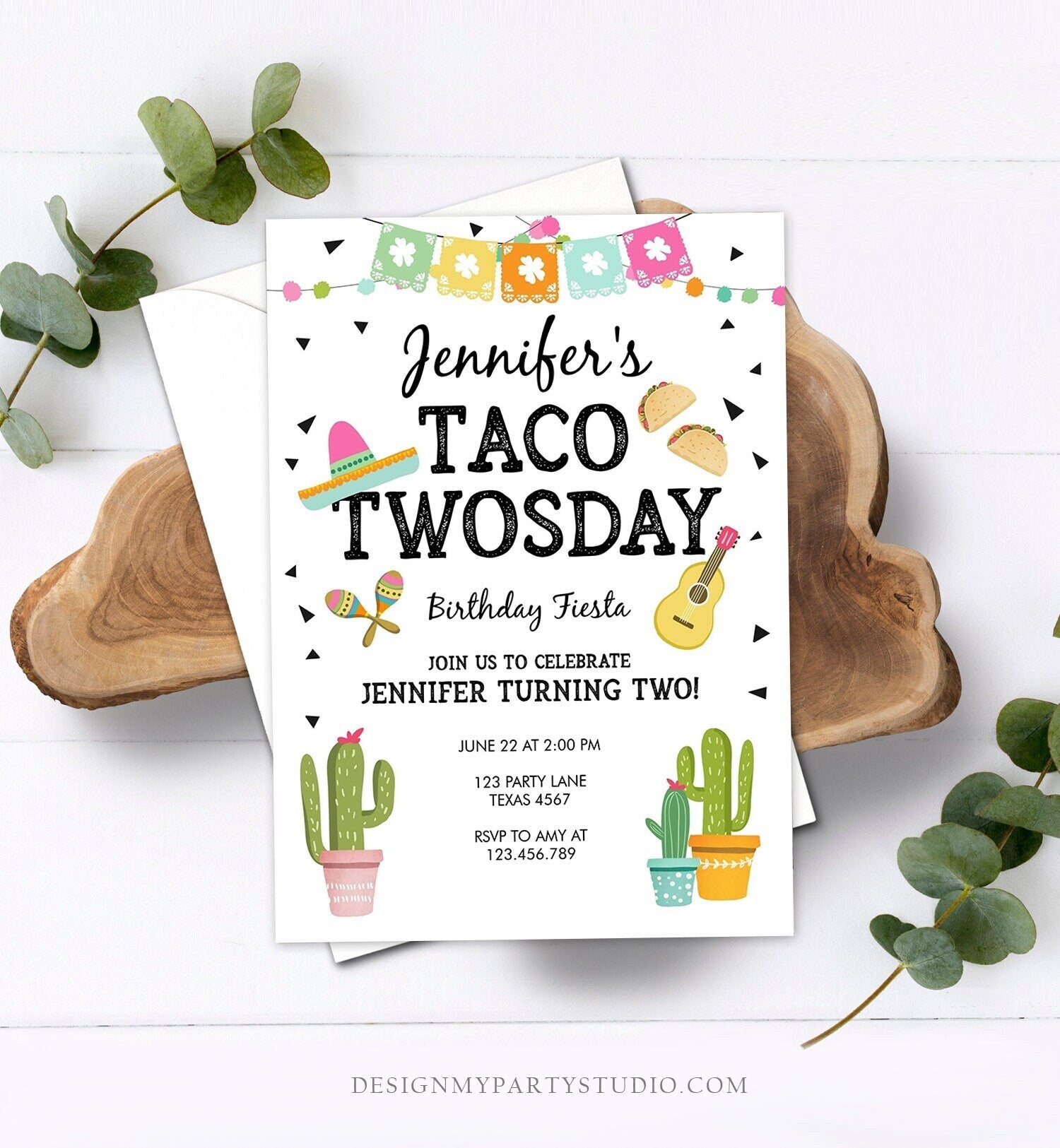 Editable Taco Twosday Invitation Mexican Girl Second Birthday 2nd Fiesta Pink Mint Cactus Digital Download Corjl Template Printable 0161