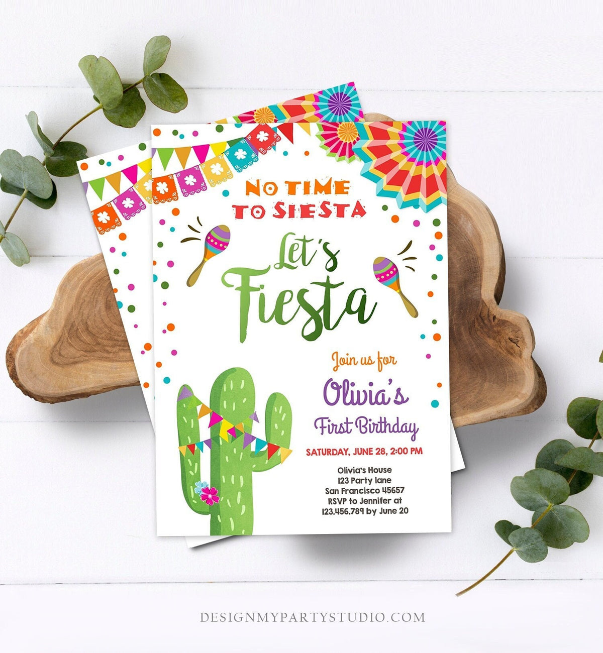 Editable Let&amp;#39;s Fiesta Birthday Invitation No Time To Siesta Girl Cactus Samba Confetti First Birthday Download Corjl Template Printable 0045