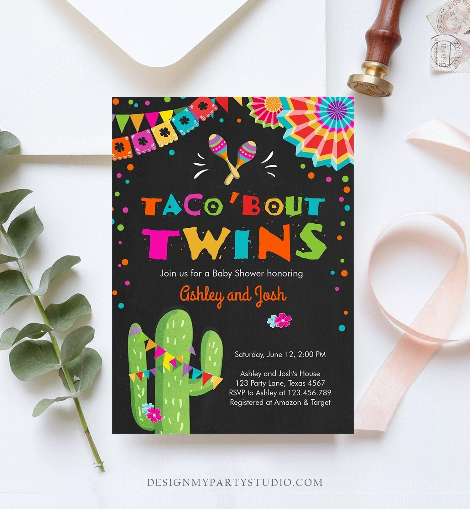 Editable Taco Bout Twins Baby Shower Invitation Cactus Chalk Mexican Fiesta Couples Shower Instant Download Printable Corjl Template 0045