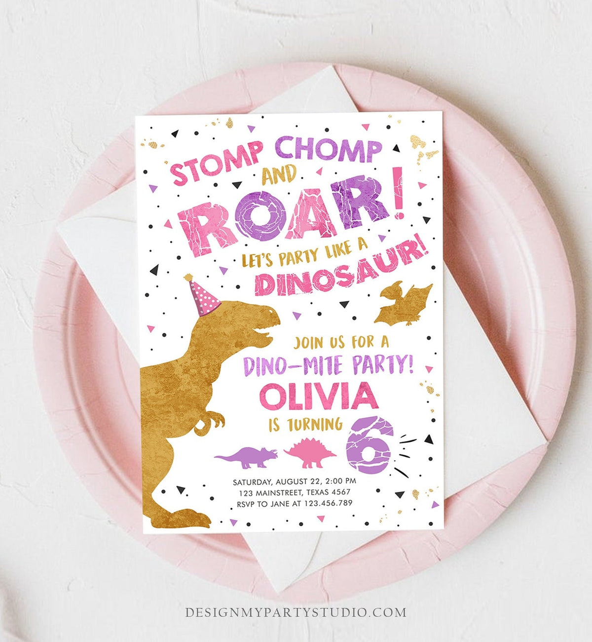 Editable Dinosaur Birthday Invitation ANY AGE Dino Dig Party Prehistoric Gold Pink Purple Girl T-Rex Download Printable Template Corjl 0369