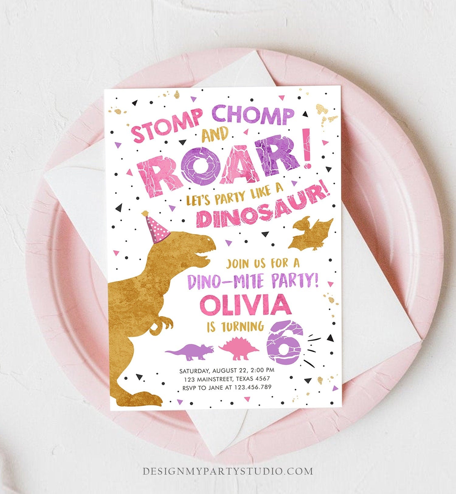 Editable Dinosaur Birthday Invitation ANY AGE Dino Dig Party Prehistoric Gold Pink Purple Girl T-Rex Download Printable Template Corjl 0369