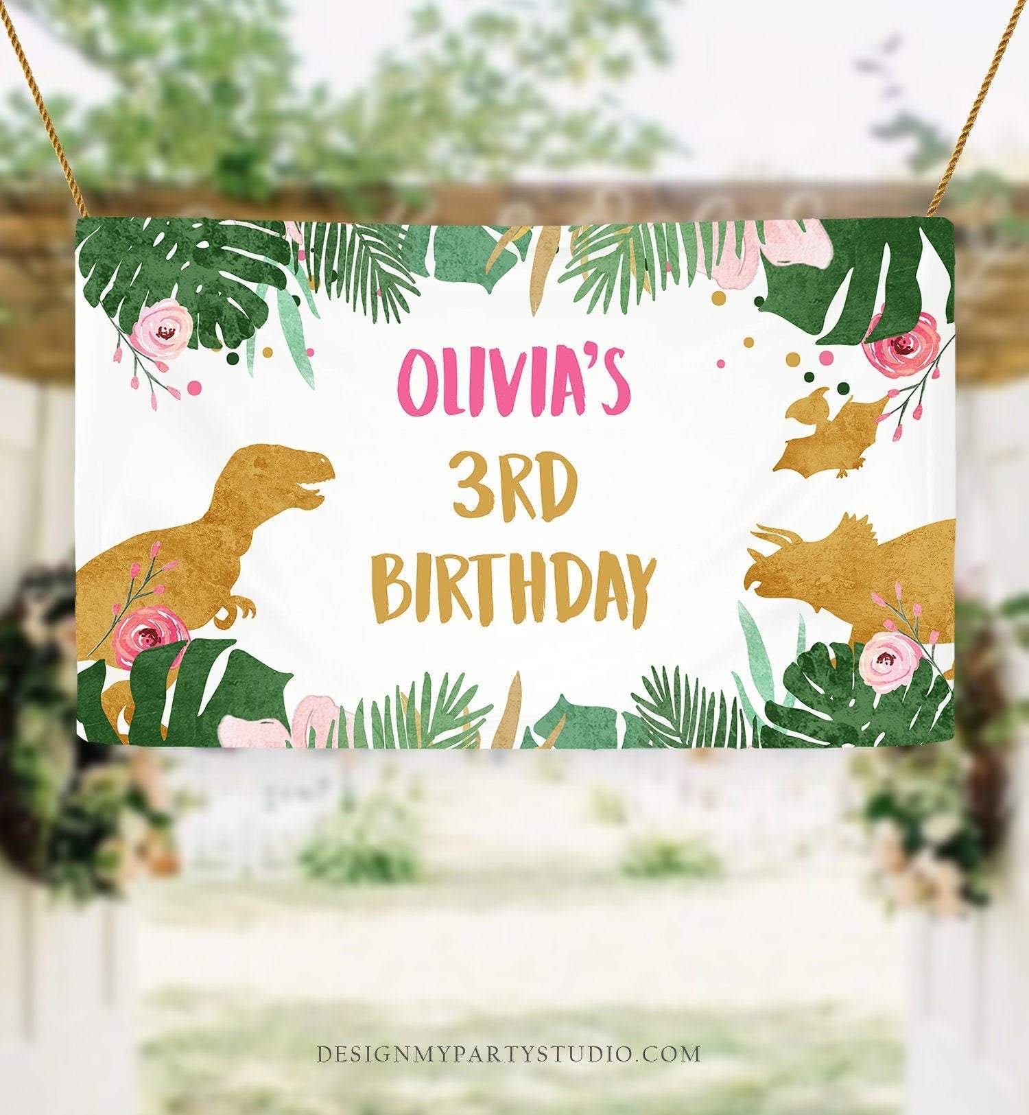 Editable Dinosaur Birthday Backdrop Banner Girl Pink Prehistoric Birthday Dino Party Welcome Sign Download Corjl Template Printable 0146