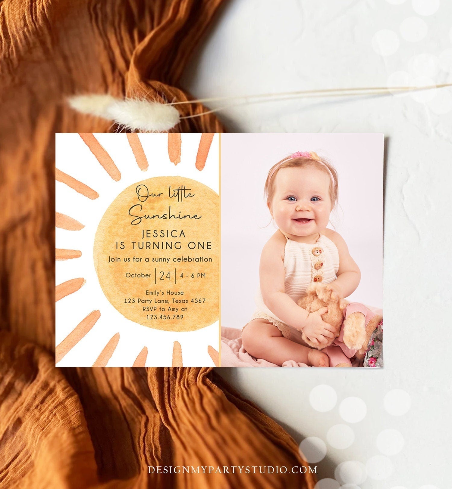 Editable Our Little Sunshine Birthday Invitation 1st Summer Sunshine Party Neutral Boho Download Printable Template Digital Corjl 0431