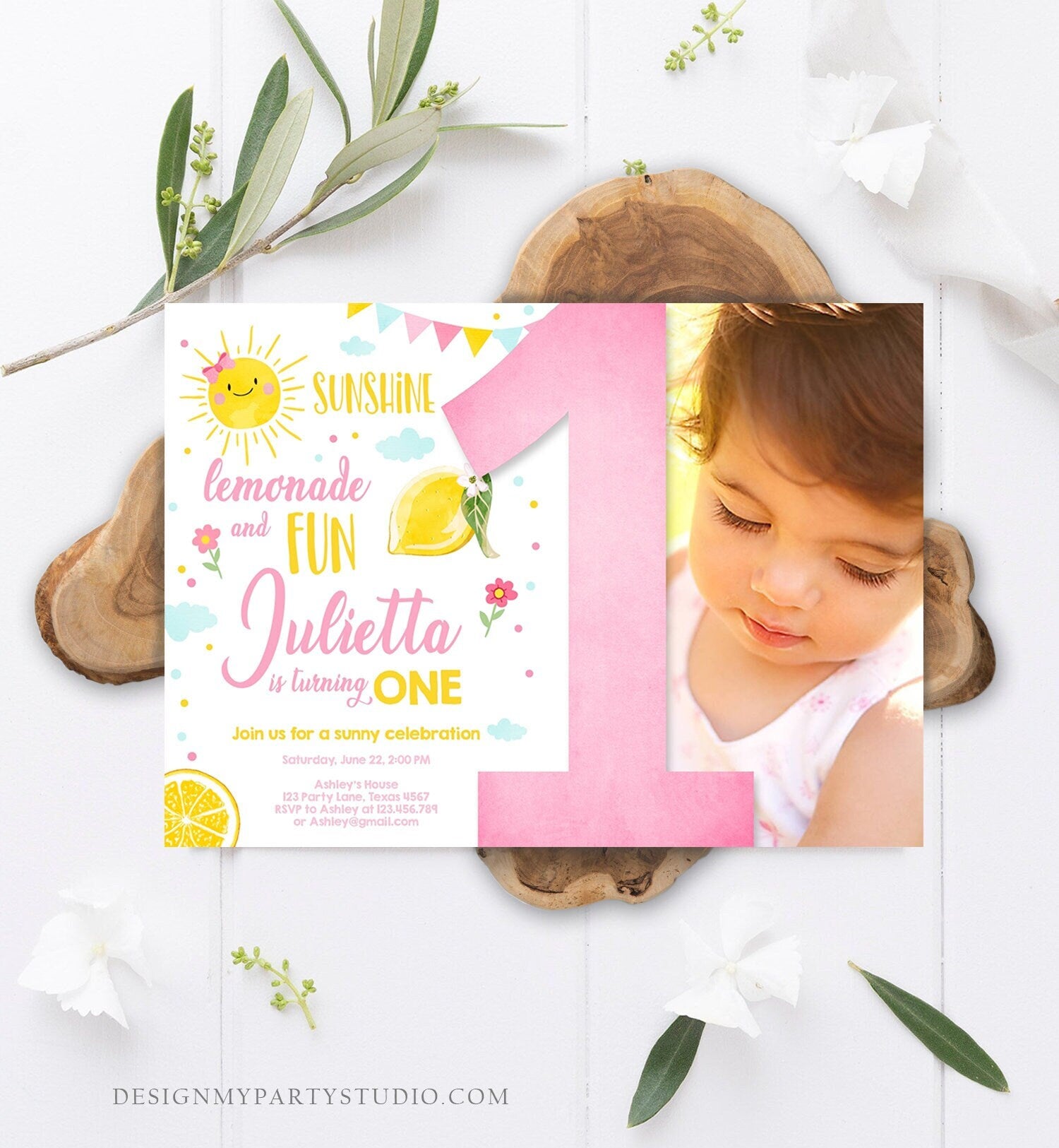 Editable Sunshine Lemonade Birthday Invitation Pink Girl Sunshine Party Lemonade Invitation 1st Birthday Printable Template Corjl 0141