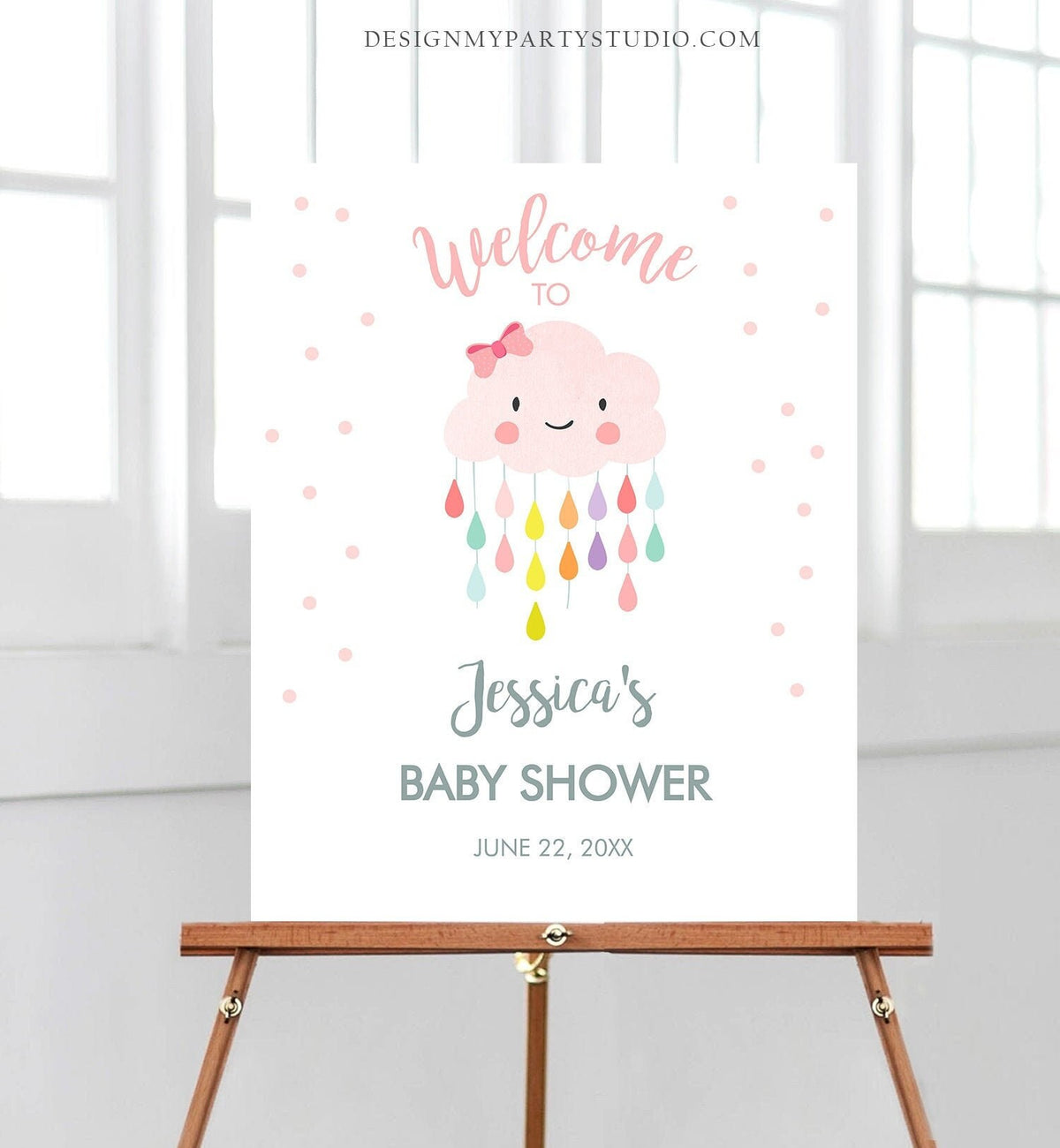 Editable Welcome Sign Baby Shower Cloud Welcome Baby Sprinkle Raindrops Rain Cloud Rainbow Girl Pink Rainbow Template PRINTABLE Corjl 0036