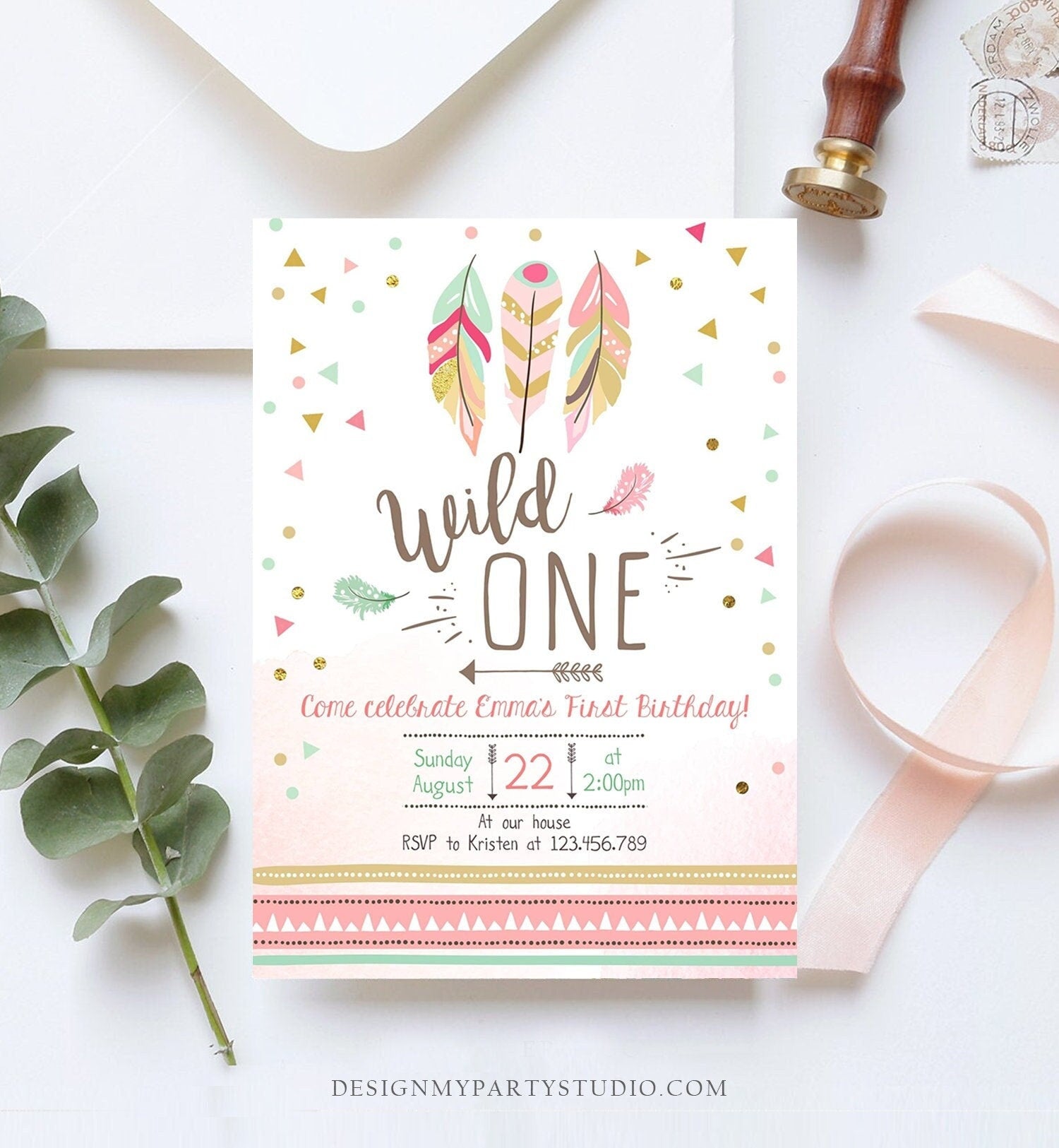 Editable Birthday Invitation Wild One Girl Invite Tribal Boho Arrow Feathers Coral Mint Digital Download Corjl Template Printable 0073