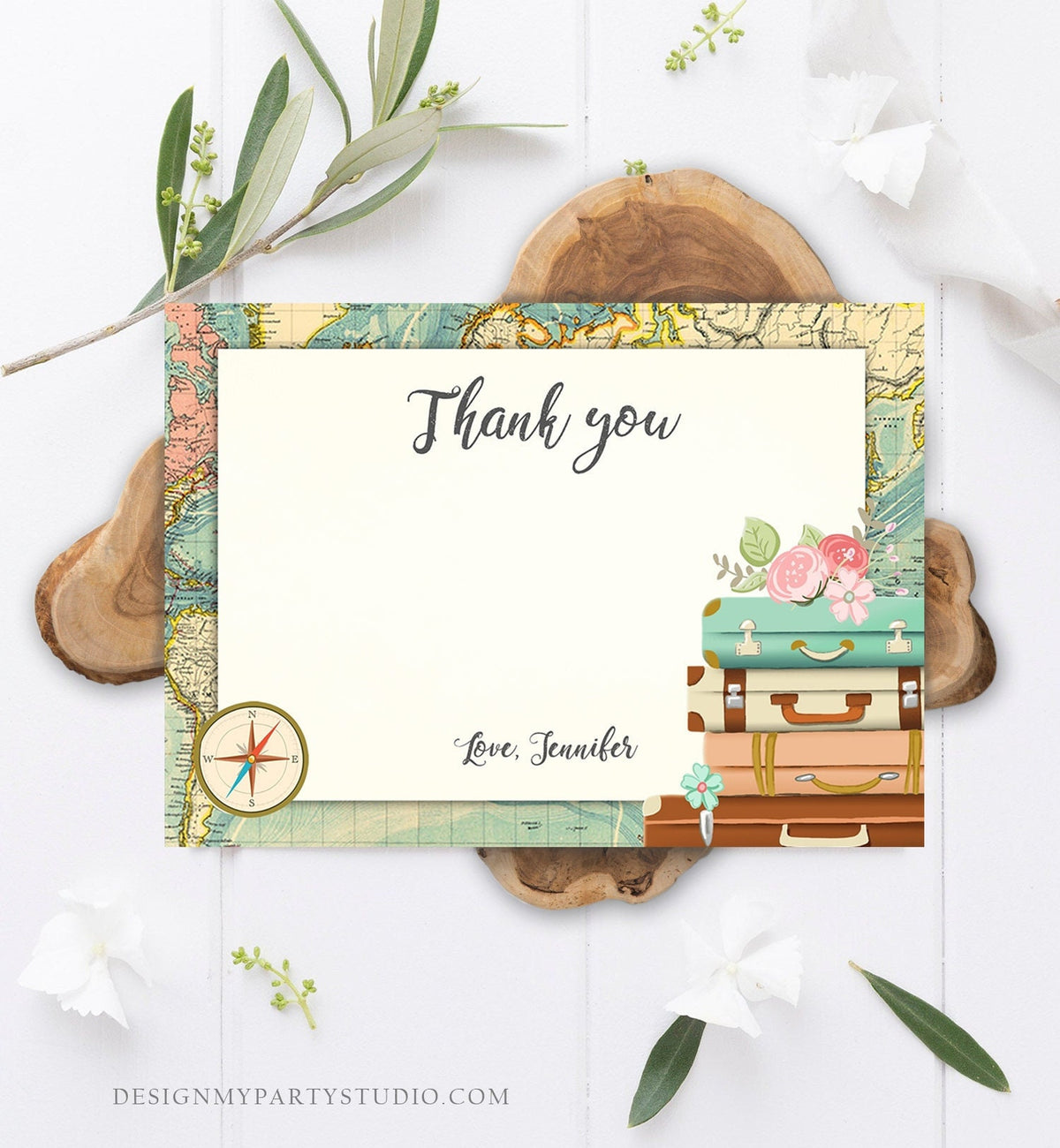 Editable Travel Thank You Card Bridal Shower Thank You Note Adventure Birthday Baby Shower Suitcases Vintage World Map Corjl Template 0044