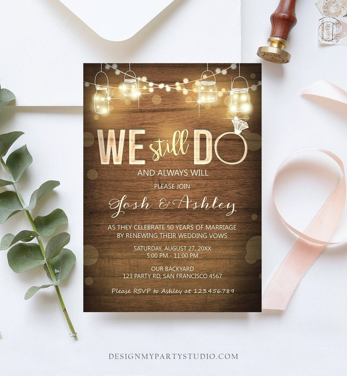 Editable We Still Do Wedding Anniversary Invitation Rustic Wood String Lights Jars Digital Instant Download Corjl Template Printable 0015