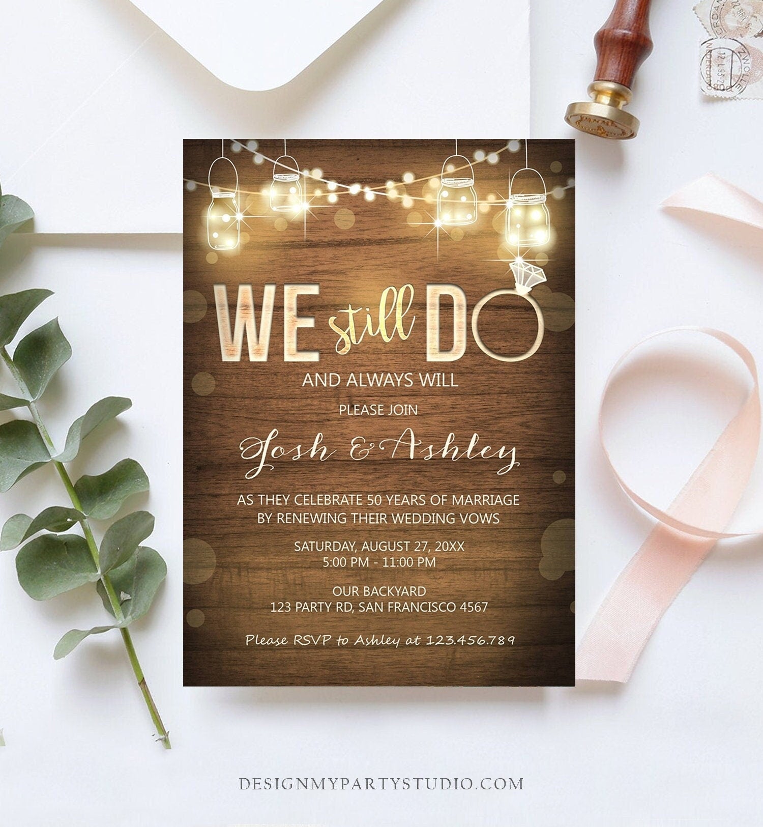 Editable We Still Do Wedding Anniversary Invitation Rustic Wood String Lights Jars Digital Instant Download Corjl Template Printable 0015