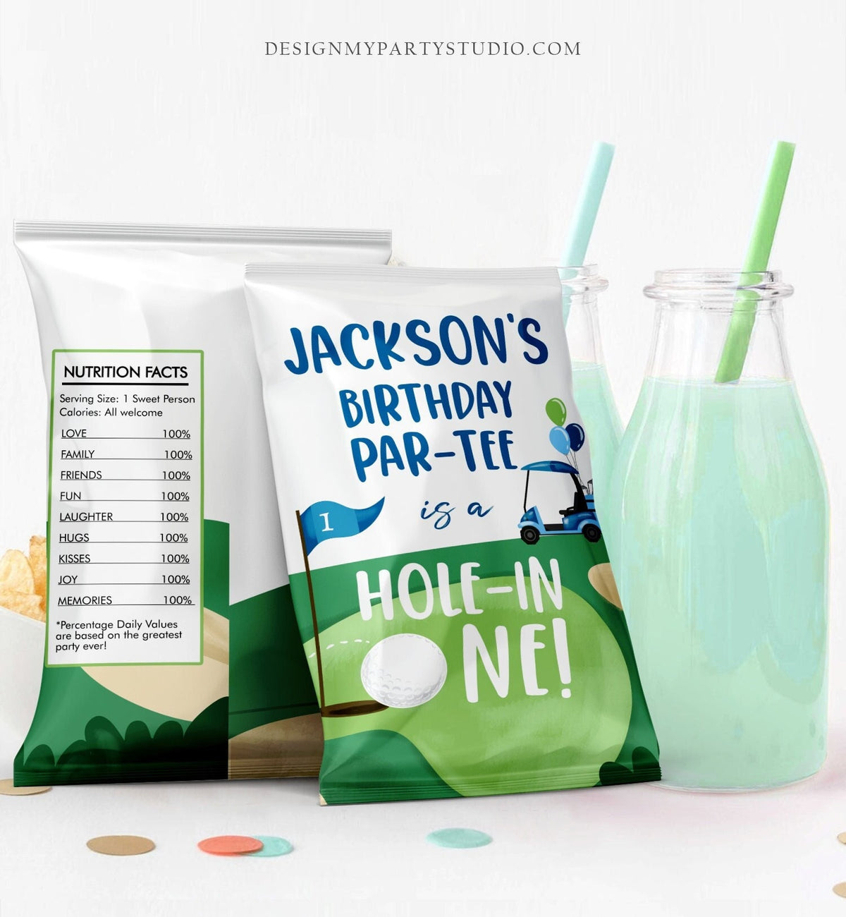 Editable Hole in One Birthday Chip Bag Golf First Birthday Par-tee Decor Boy Golfing Party Favors 1st Birthday Digital Corjl Template 0405