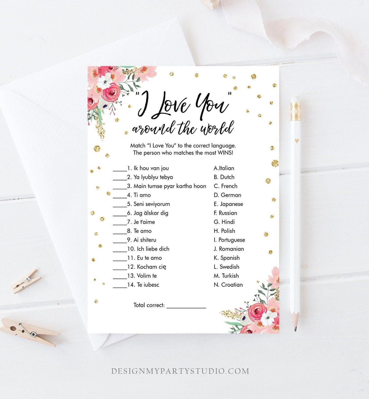 Editable Travel Bridal Shower Game I Love You Around the World Wedding Shower Activity Floral Bachelorette Corjl Printable 0030 0318