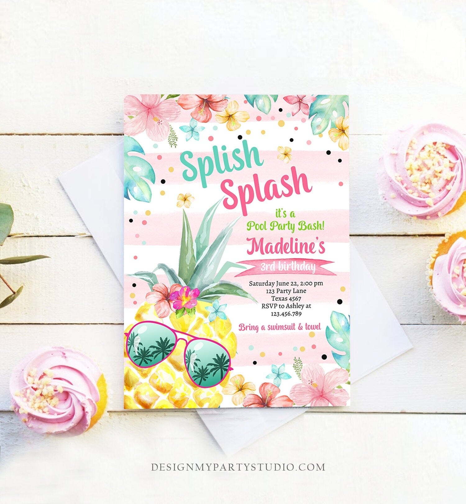 Editable Splish Splash Birthday Party Invitation Pineapple Birthday Pool Party Pineapple Pink Girl Download Corjl Template Printable 0391