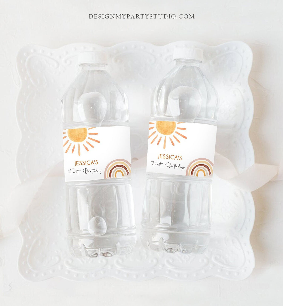 Editable Sunshine Water Bottle Labels First Trip Around the Sun Birthday Decor Rainbow Neutral Printable Bottle Label Template Corjl 0431