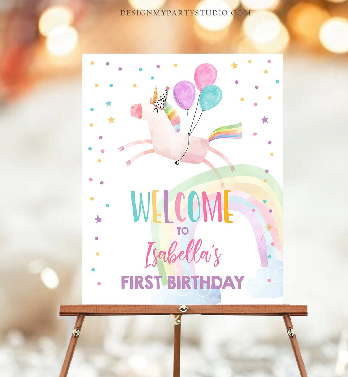 Editable Unicorn Welcome Sign Unicorn Birthday Door Sign Rainbow Girl Magical Unicorn Party Sign Pink First Template PRINTABLE Corjl 0336