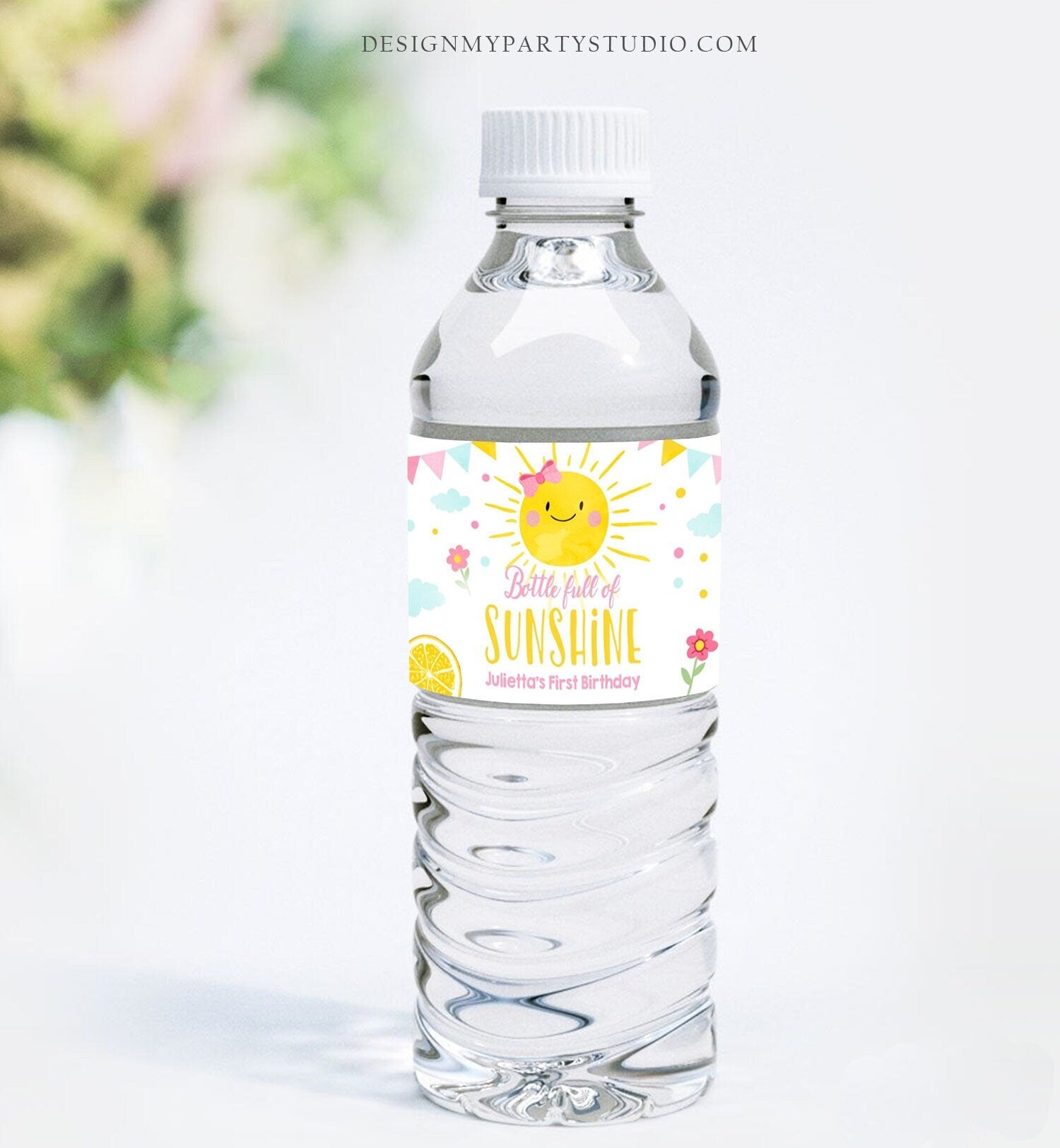 Editable Sunshine Water Bottle Label Girl Birthday My Little Sunshine Birthday Pink Lemonade and Fun  Corjl Template Printable 0141