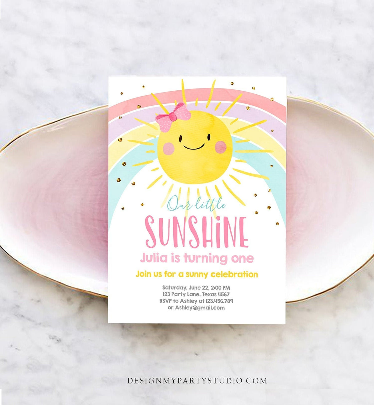 Editable Sunshine and Rainbow Birthday Invitation Pastel Rainbow Birthday Sunshine 1st Birthday Party Girl Download Corjl Template 0402