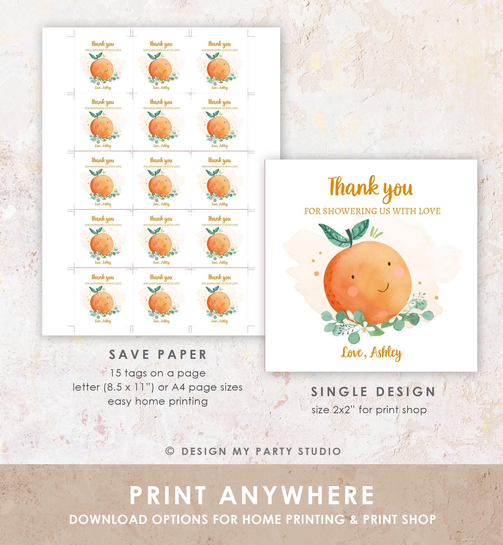 Editable A Little Cutie is on The Way Favor Tag Orange Clementine Baby Shower Cutie Gift Neutral Square Round Template Corjl Printable 0330