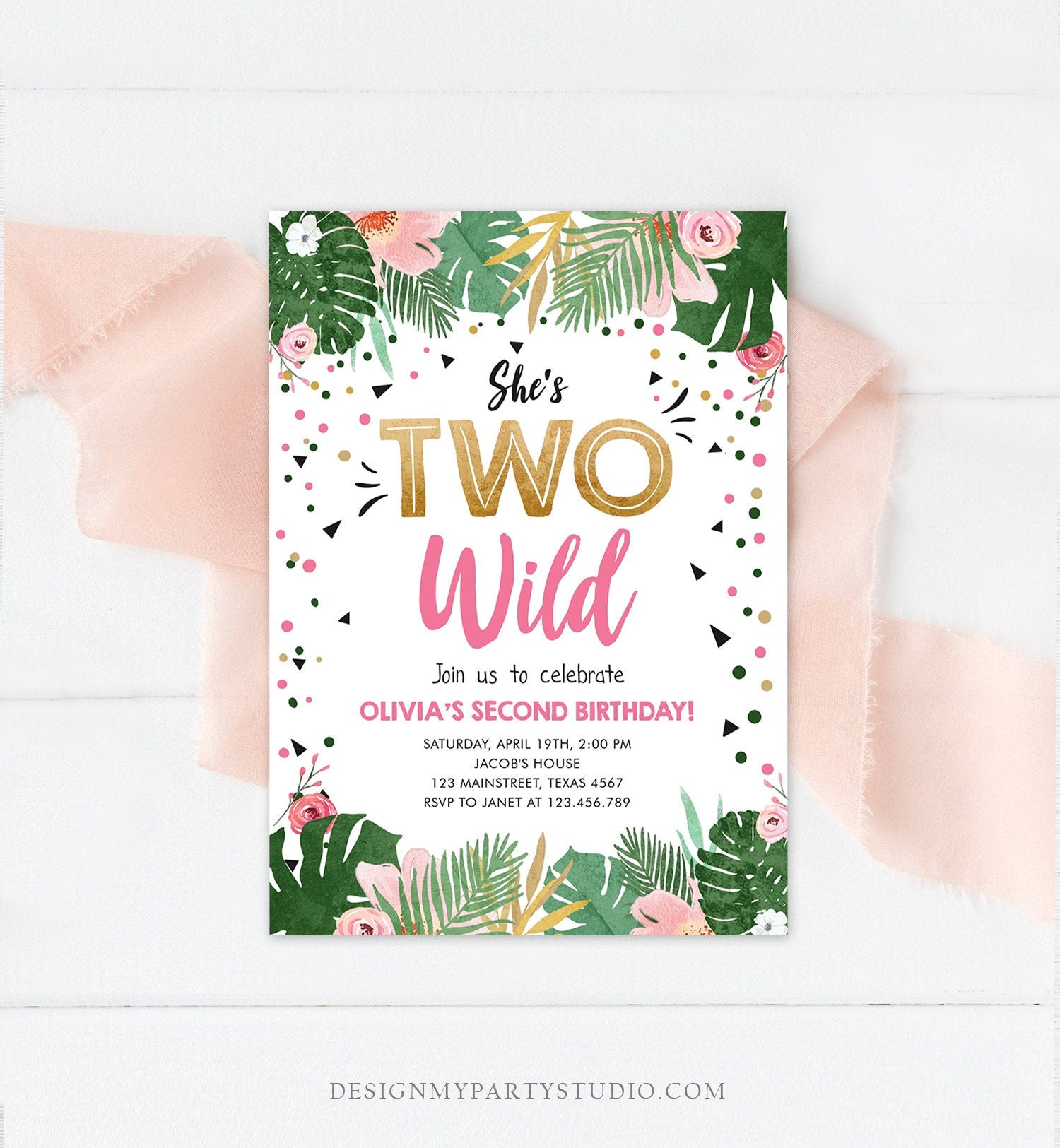 Editable Two Wild Birthday Invitation Girl Tropical Safari Pink Gold Jungle Second Birthday 2nd Download Corjl Template Printable 0332