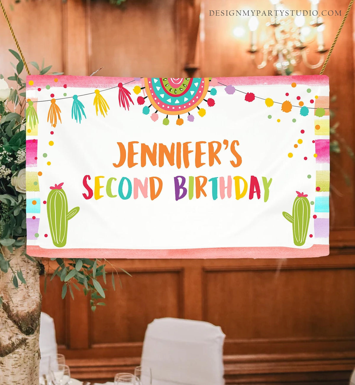 Editable Fiesta Birthday Backdrop Banner Mexican Cactus Succulent Desert Floral Girl Boy Baby Shower Download Corjl Template Printable 0134