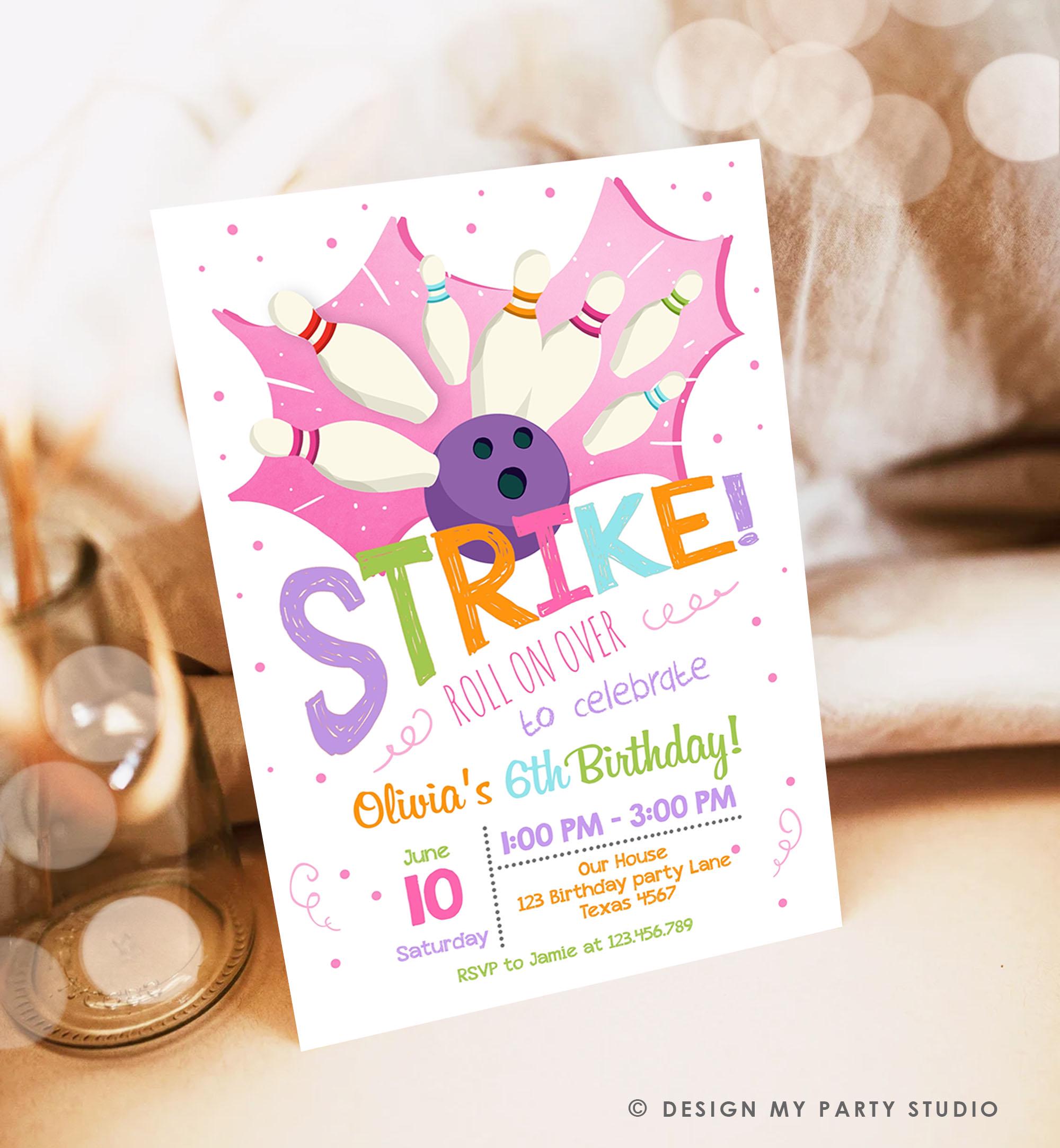 Editable Bowling Birthday Invitation Girl Pink Purple Bowling Party Strike Kids Instant Download Printable Invitation Template Corjl 0081