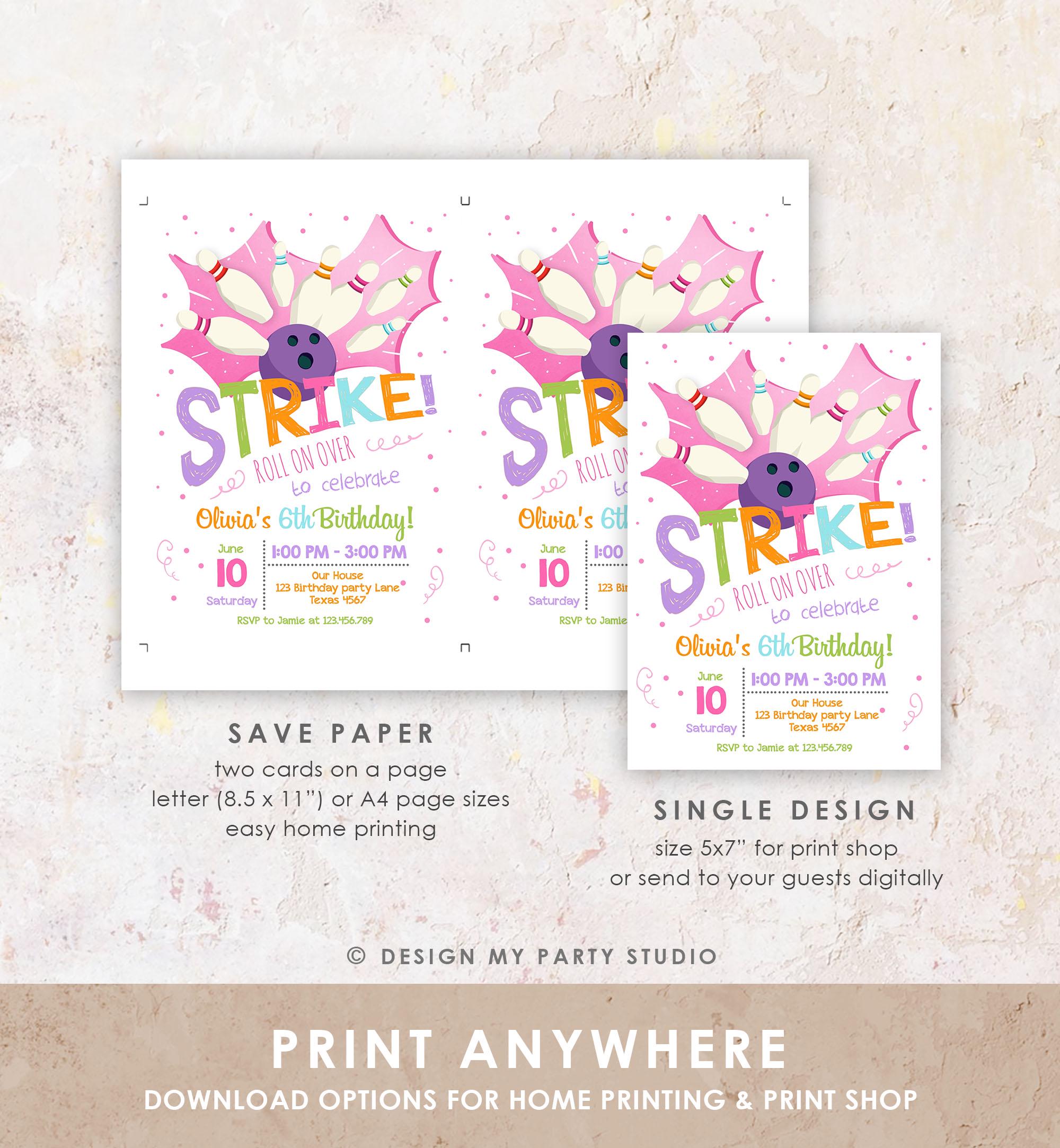 Editable Bowling Birthday Invitation Girl Pink Purple Bowling Party Strike Kids Instant Download Printable Invitation Template Corjl 0081