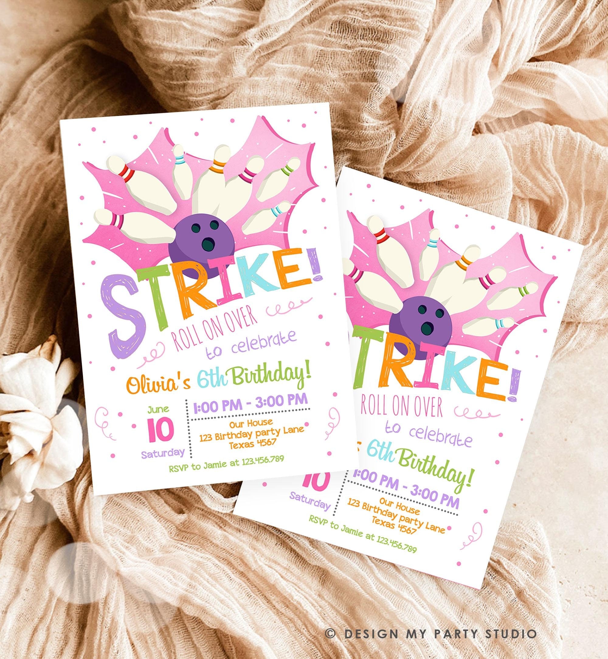 Editable Bowling Birthday Invitation Girl Pink Purple Bowling Party Strike Kids Instant Download Printable Invitation Template Corjl 0081