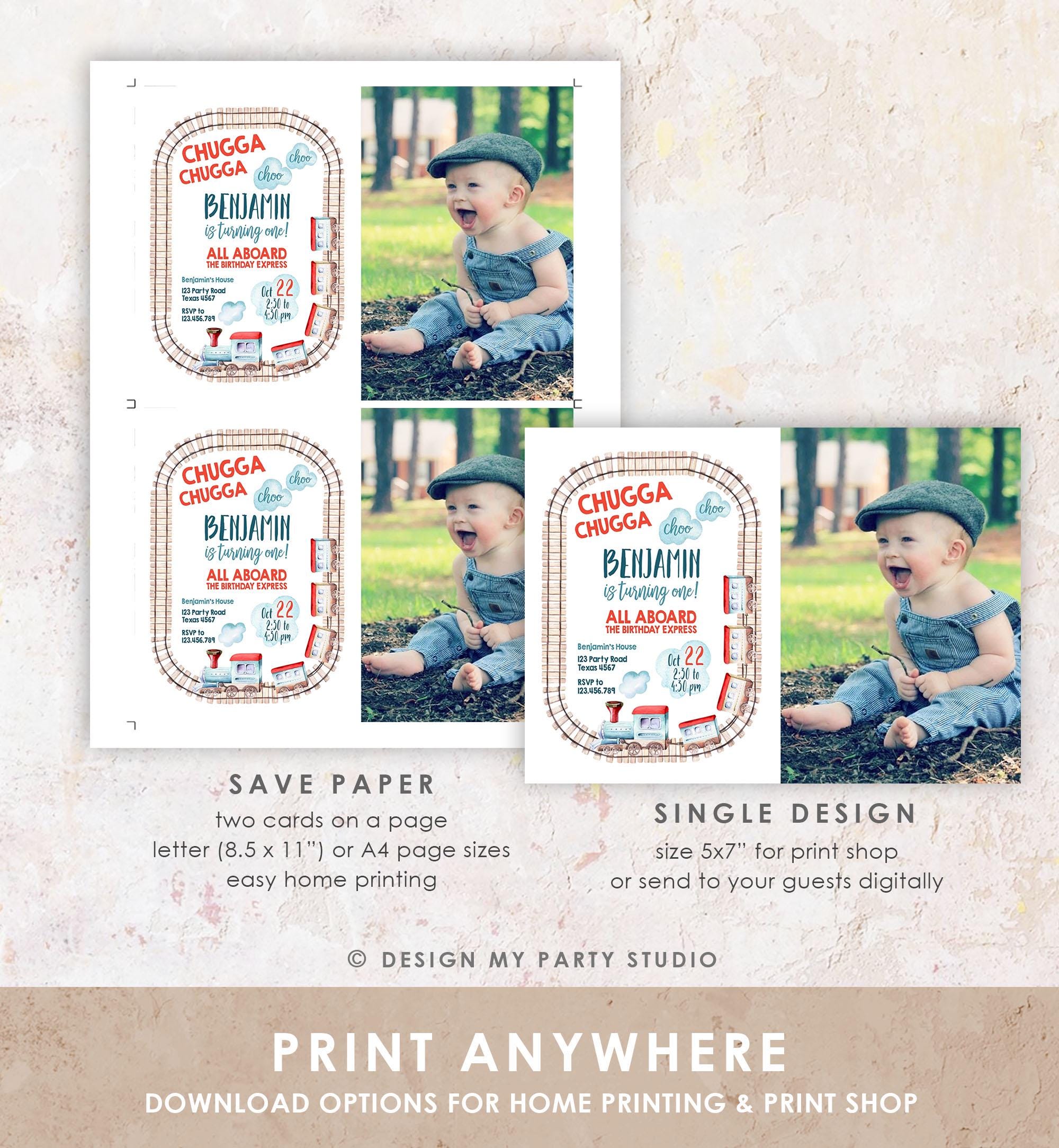 Editable Train Birthday Invitation Vintage Train Party Train Invitation Chugga Choo All Aboard Boy Download Printable Template Corjl 0149