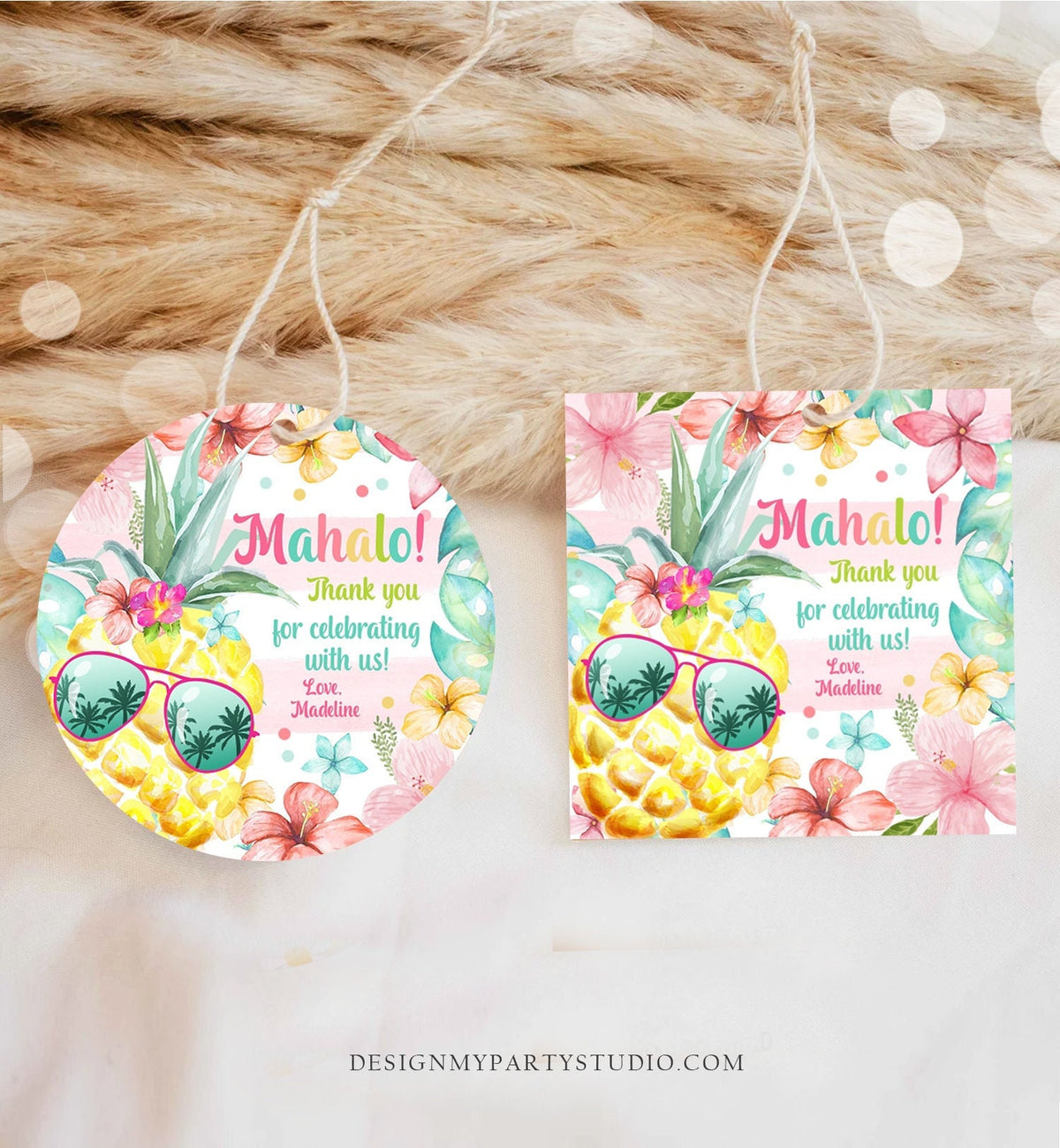 Editable Tropical Aloha Hawaiian Favor Tag Luau Birthday Party Pineapple Sticker Mahalo Pool Party Pink Girl Corjl Template Printable 0391