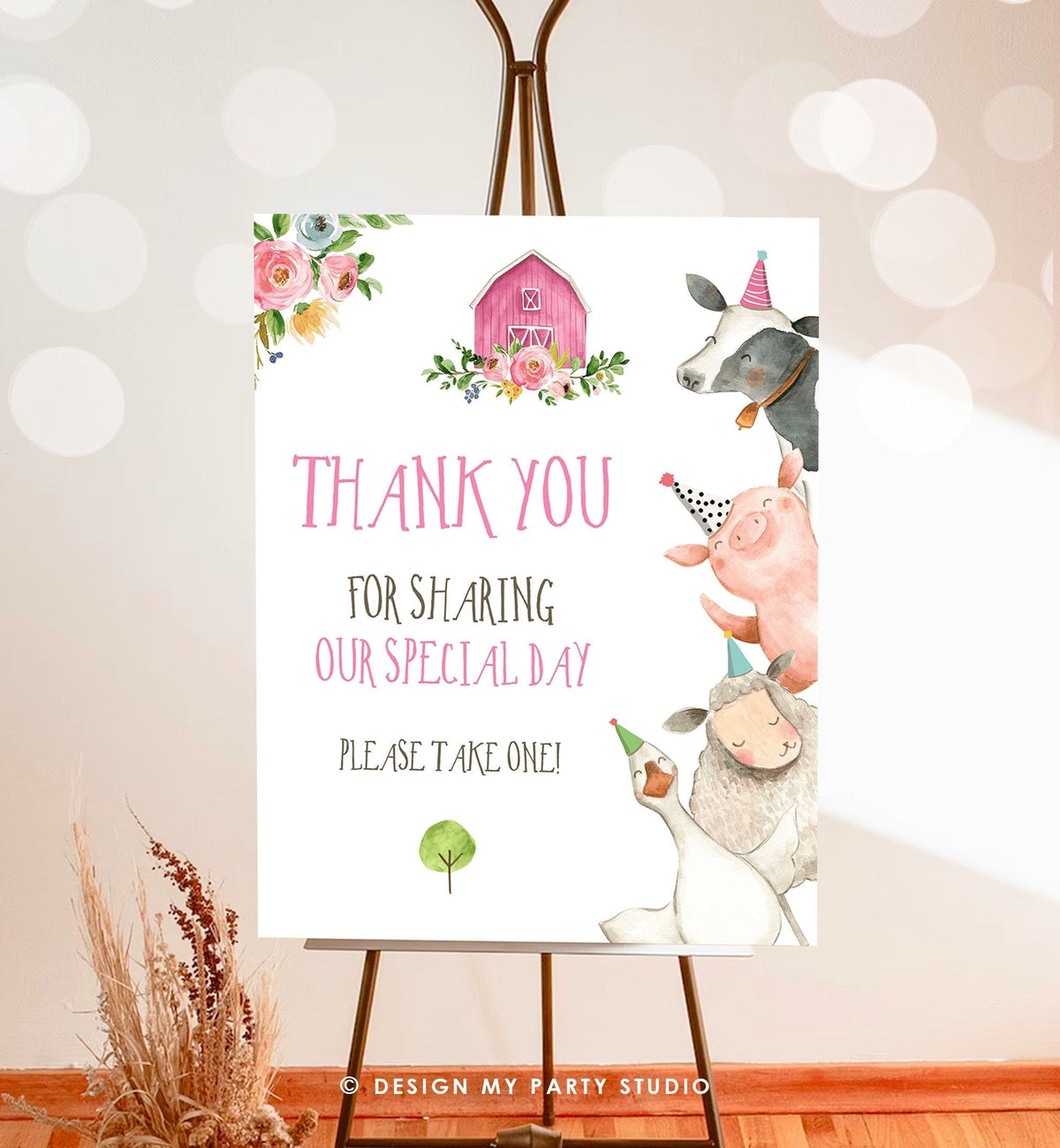 Editable Pink Farm Birthday Thank You Sign Girl Barnyard Party Animals Poster Farm Animals Decor Digital Download Template Printable 0155