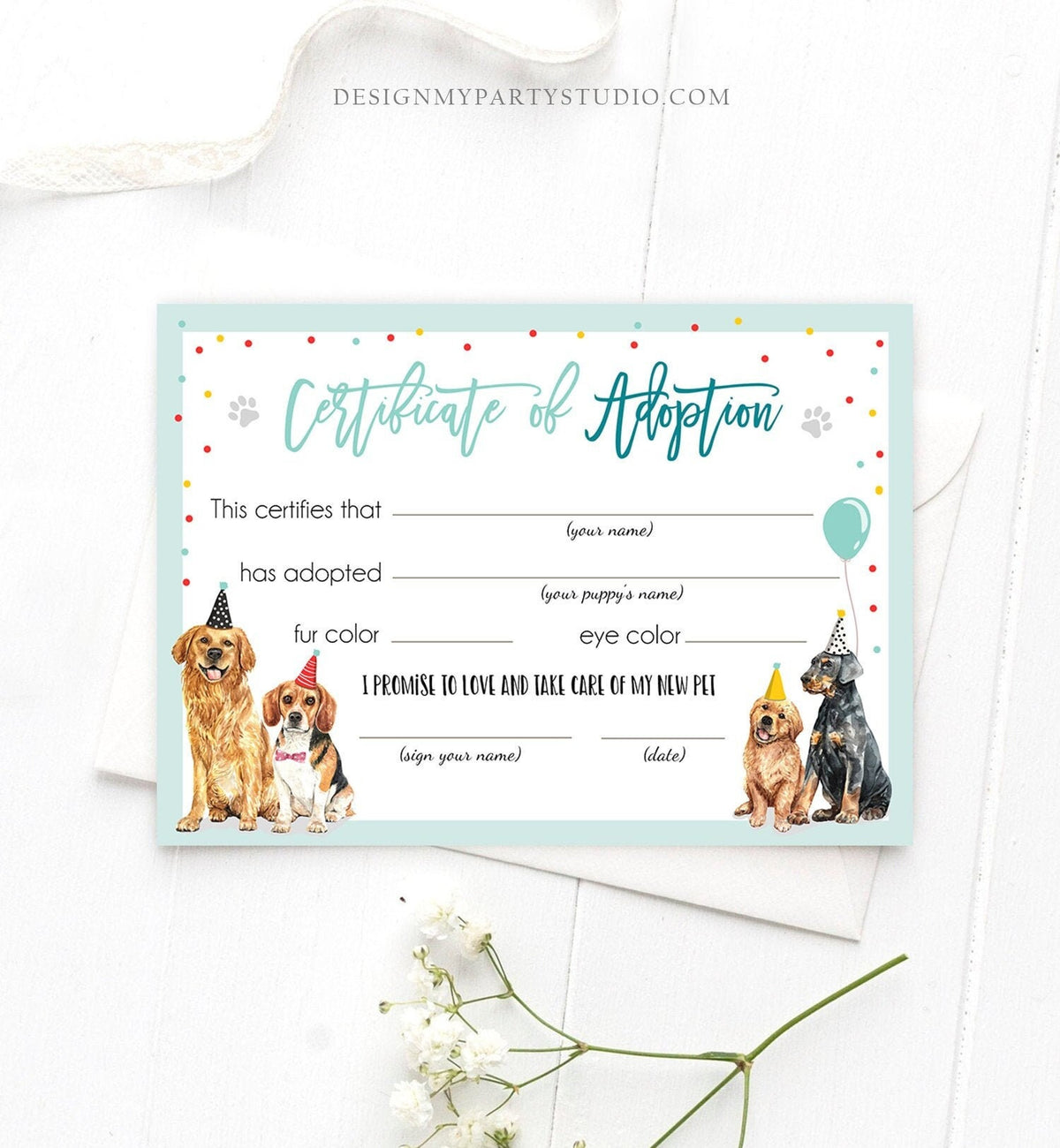 Pet Adoption Certificate Puppy Adoption Dog Birthday Party Adopt A Pet Boy Vet Puppy Adoption Blue Instant Download Digital PRINTABLE 0384