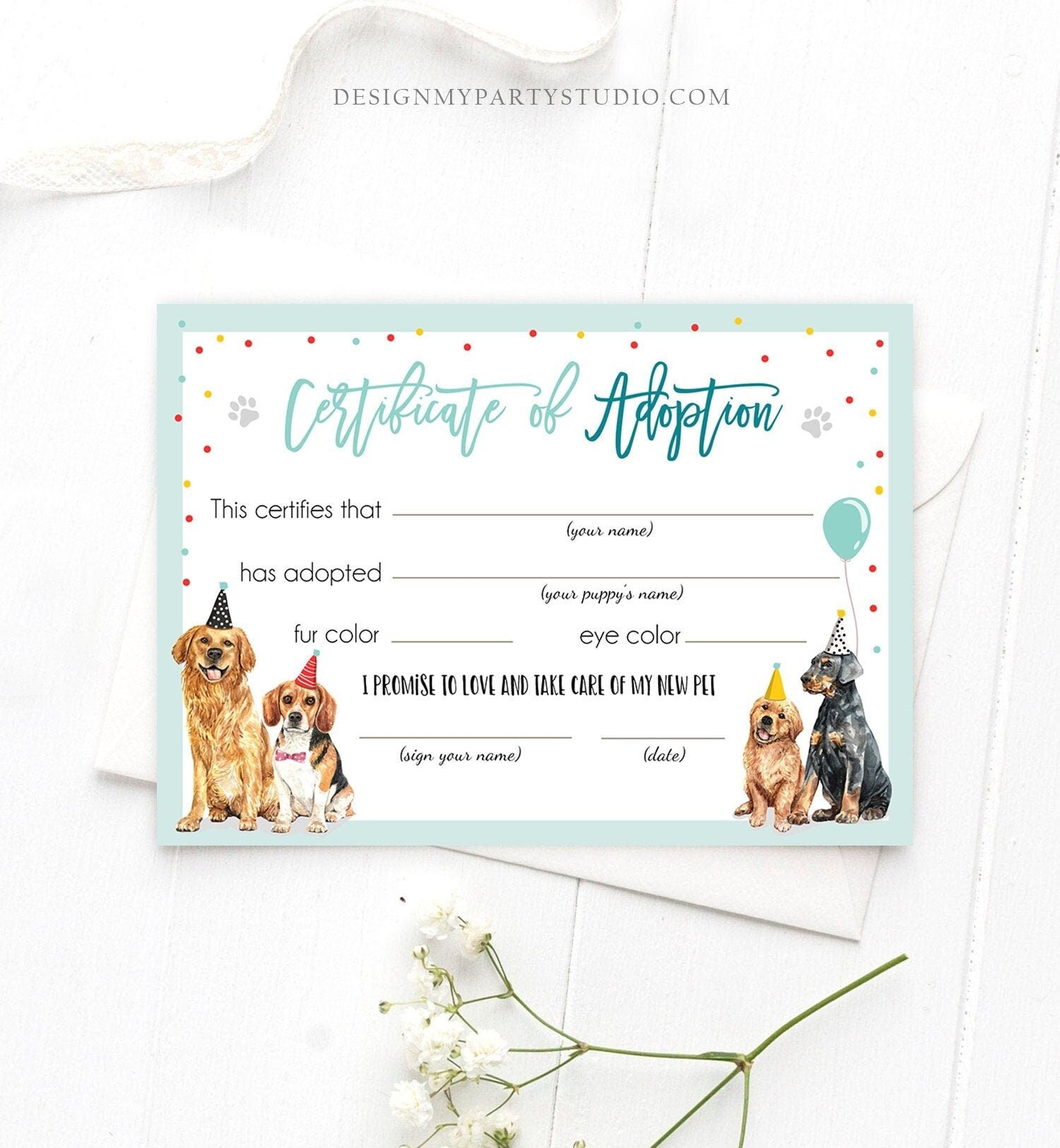 Pet Adoption Certificate Puppy Adoption Dog Birthday Party Adopt A Pet Boy Vet Puppy Adoption Blue Instant Download Digital PRINTABLE 0384