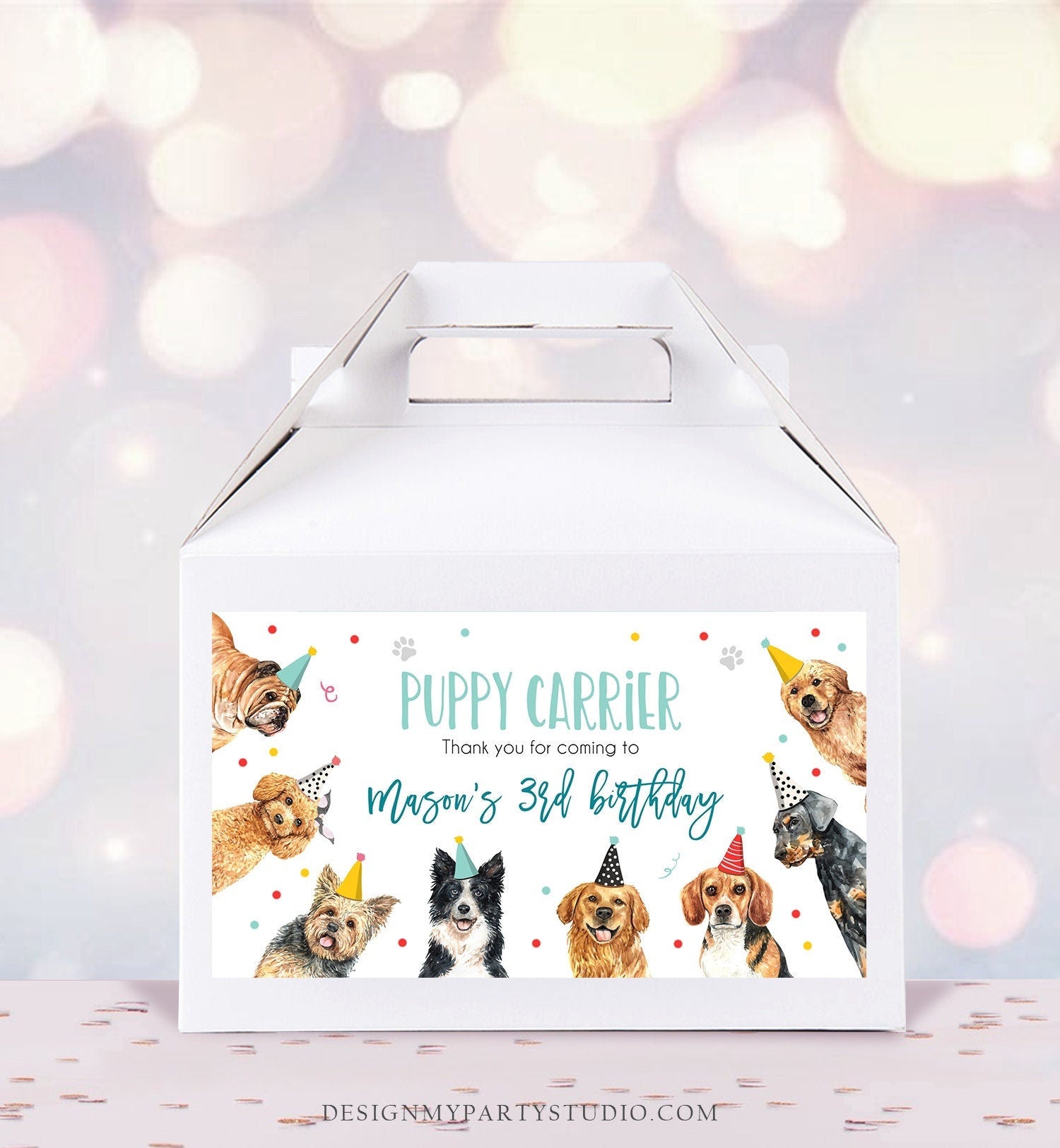 Editable Puppy Carrier Box Favor Label Puppy Birthday Favor Box Label Boy Dog Adopt a Puppy Pet Vet Digital Download Printable Corjl 0384