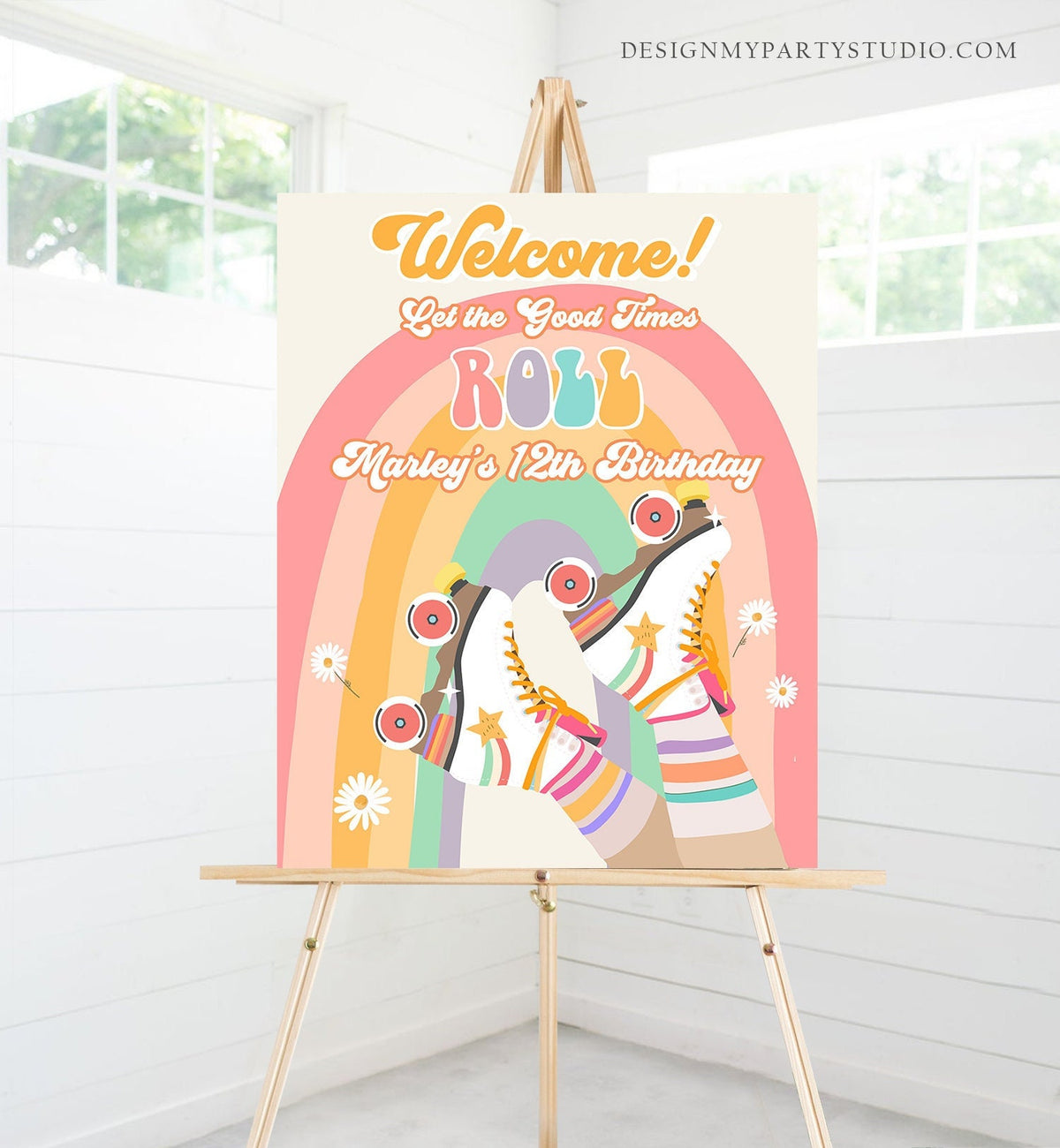 Editable Roller Skate Birthday Welcome Sign Retro Skating Birthday Girl Pink Let&#39;s Roll 70&#39;s Skate Party Sign Template PRINTABLE Corjl 0435