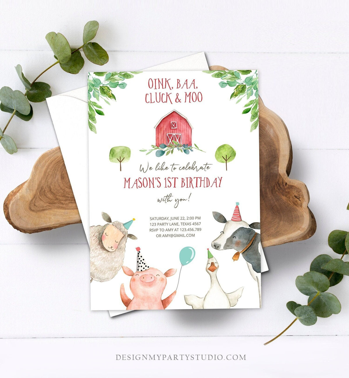 Editable Farm Animals Birthday Invitation Boy Party Animals Red Barn Barnyard Party Evite Digital Download Corjl Template Printable 0155