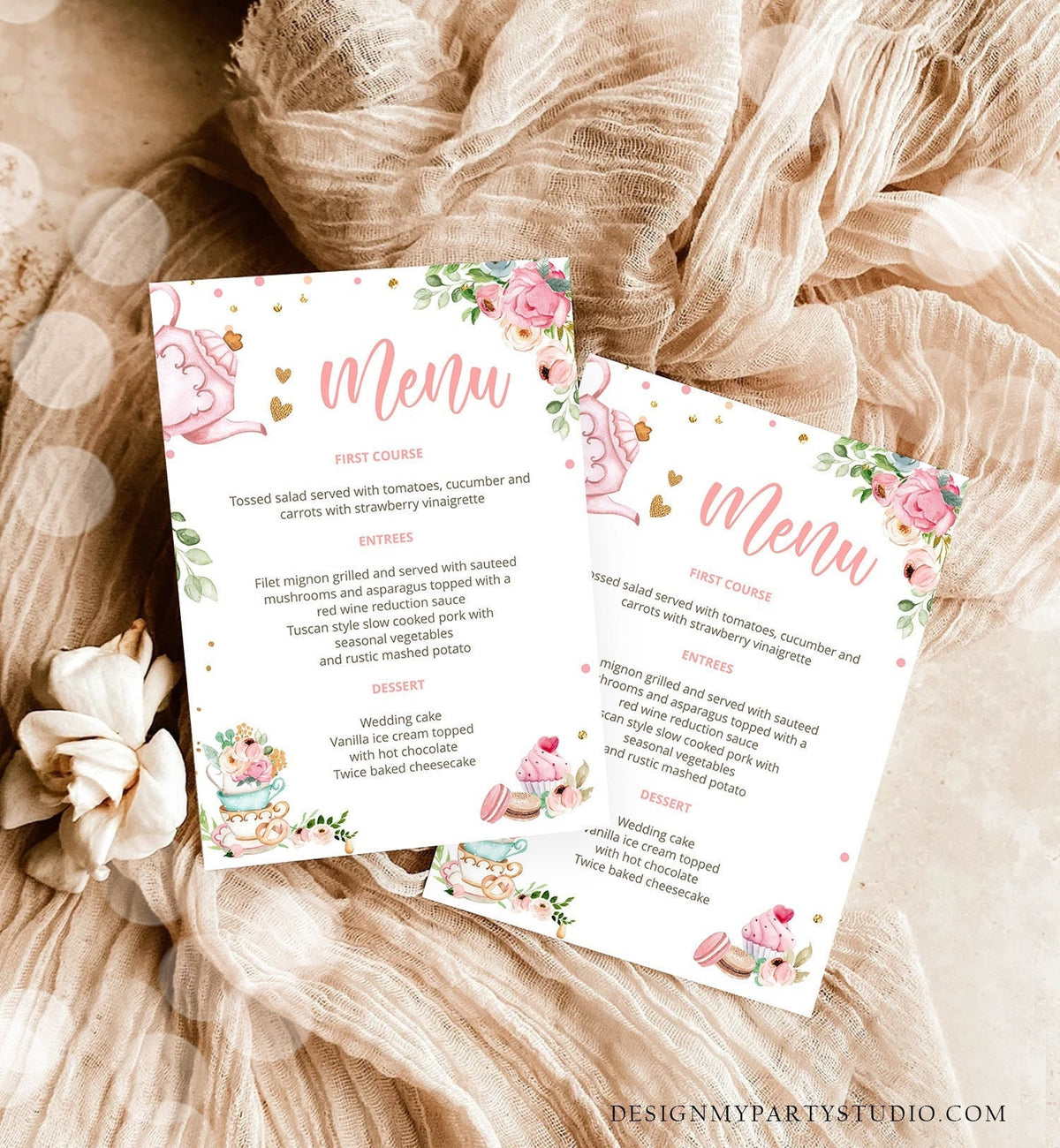 Editable Floral Tea Menu Card Tea Birthday Pink Gold Confetti Floral Tea Baby Shower Baby is Brewing Download Corjl Template Printable 0349