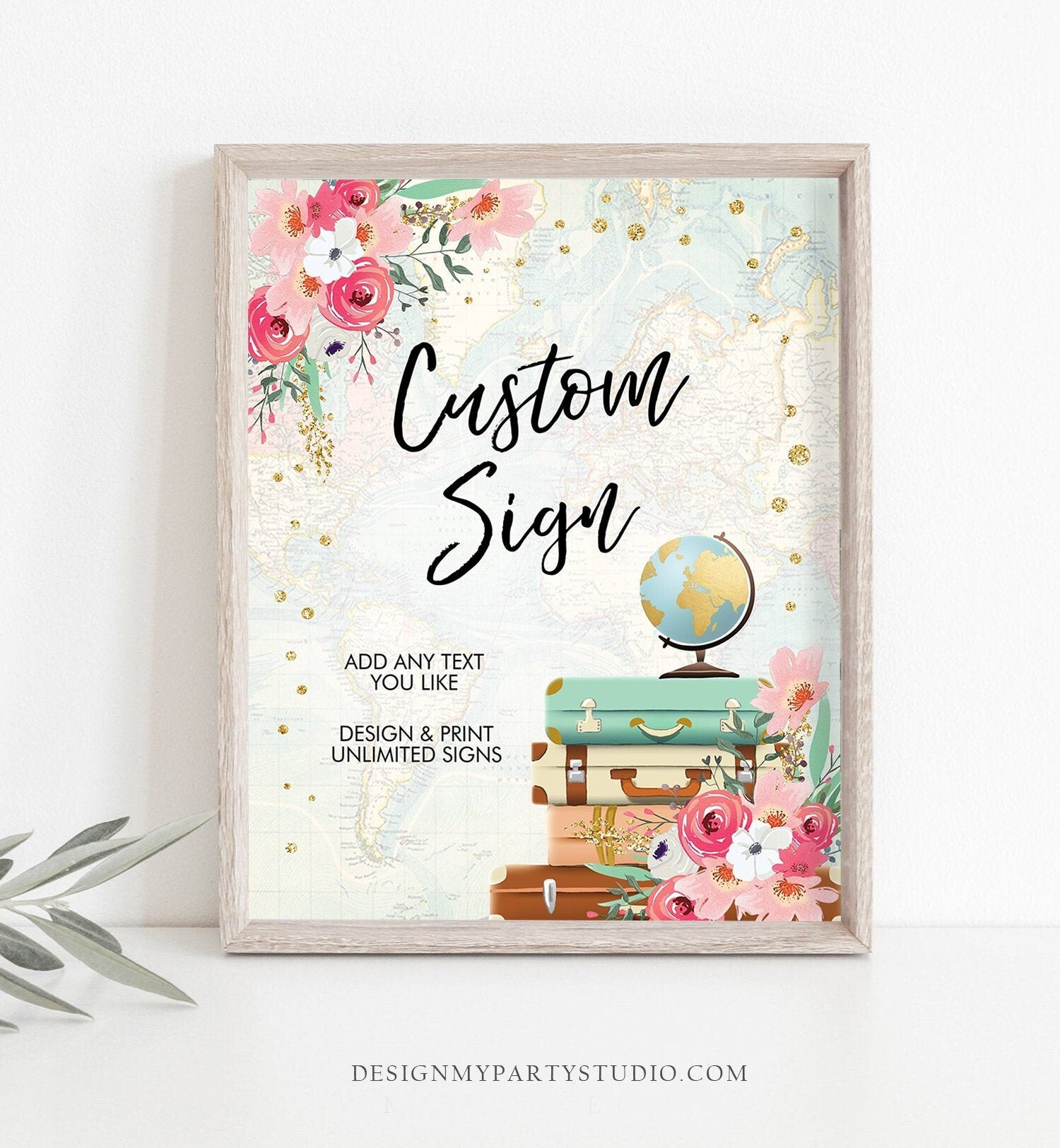 Editable Custom Sign Floral Travel Adventure Bridal Shower Traveling Flowers Pink Gold Confetti Download Corjl Template PRINTABLE 0030