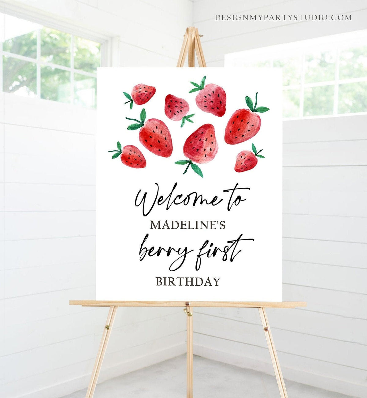 Editable Strawberry Welcome Sign Strawberry Birthday Party Welcome Farmers Market Girl Berry First Watercolor Template PRINTABLE Corjl 0399