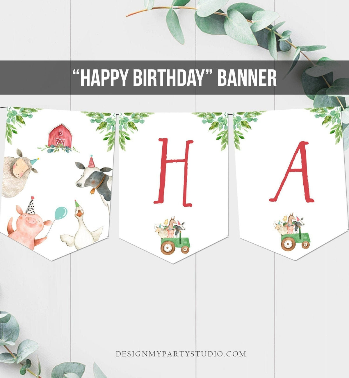 Happy Birthday Banner Farm Birthday Banner Farm Animals Boy Barnyard Birthday Decorations Green Tractor Download PRINTABLE DIGITAL DIY 0155