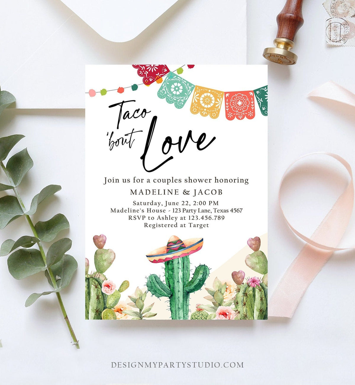 Editable Taco Bout Love Couples Shower Invitation Fiesta Cactus Succulent Mexican Desert Digital Download Corjl Template Printable 0404