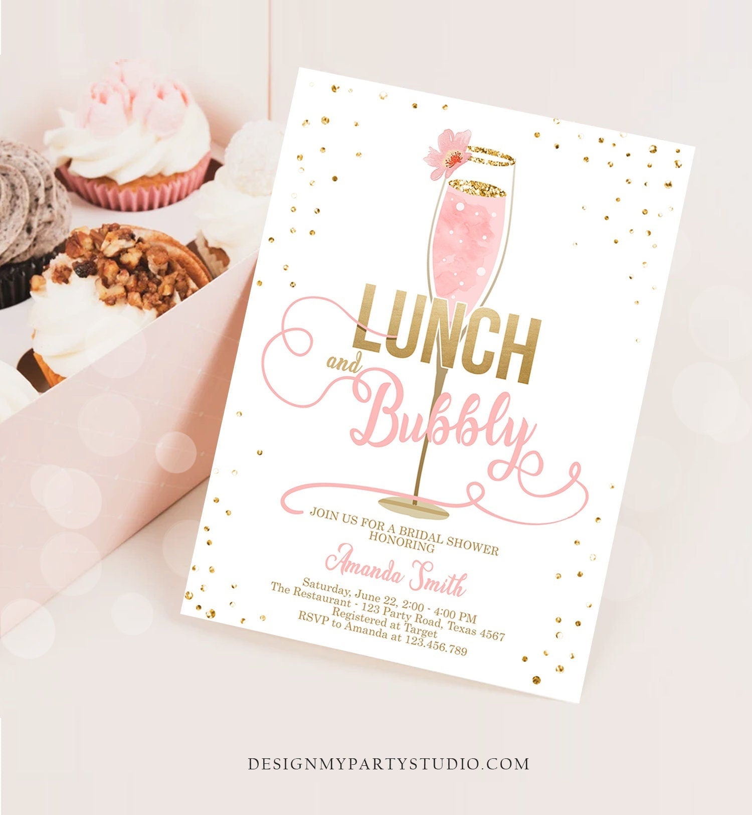 Editable Lunch and Bubbly Bridal Shower Invitation Champagne Gold Pink Wedding Brunch Invite Download Printable Template Digital Corjl 0150