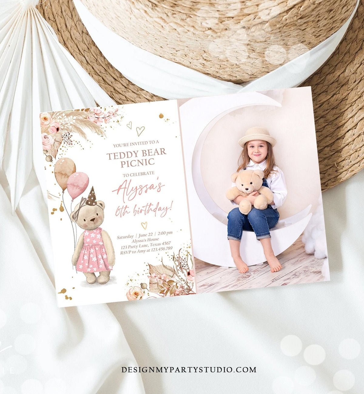 Editable Teddy Bear Picnic Birthday Invitation Girl Pink Boho Bear Picnic Summer Outdoor Party Printable Digital Template Printable 0421