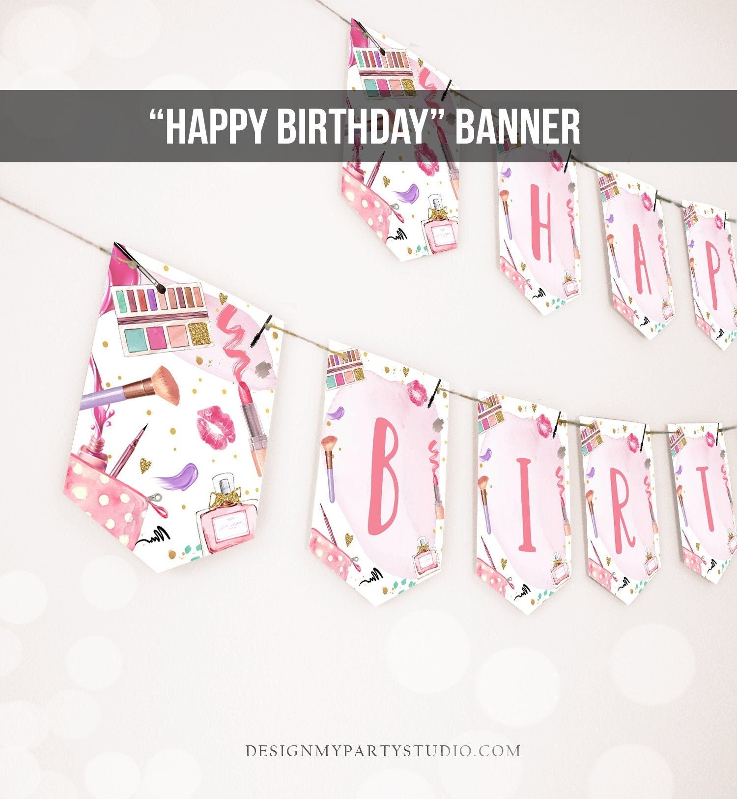 Spa Party Happy Birthday Banner Spa Glitters Glamour Banner Birthday Girl Pink Makeup Decoration Instant download PRINTABLE DIGITAL DIY 0420