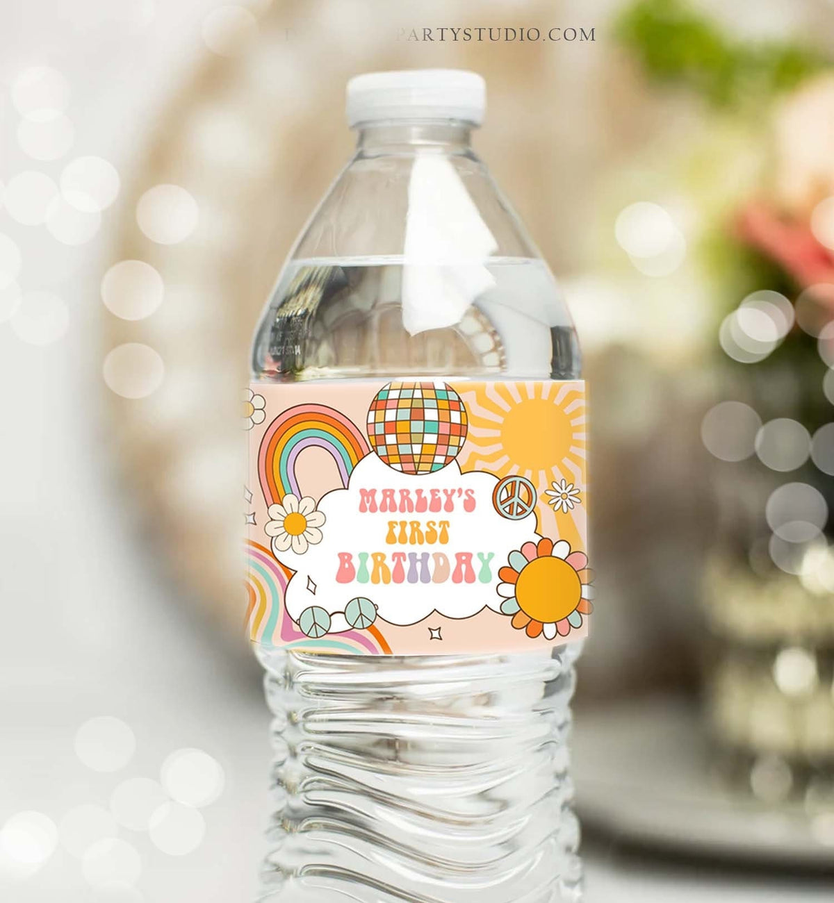 Editable Retro Groovy Water Bottle Label Boy Boho Hippie 70&#39;s Party Flower Power Peace Love Girl Download Template Corjl Printable 0459